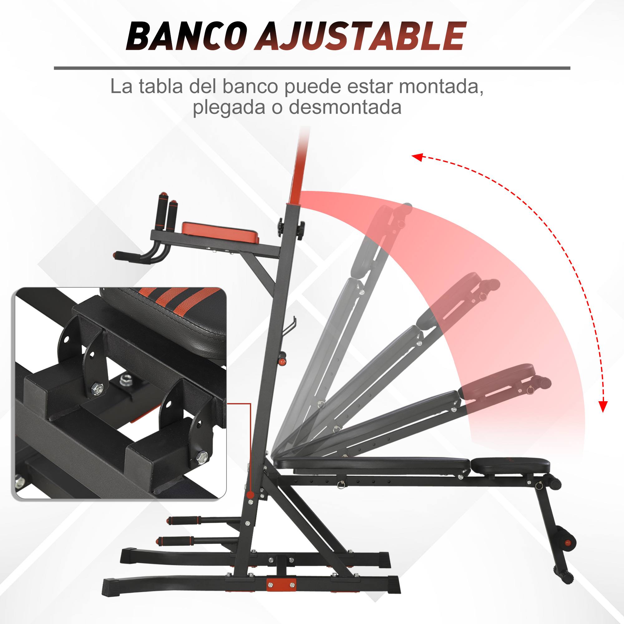 Banco de pesas ajustable. Muestra varias posiciones y puntos de ajuste. Texto en español dice banco ajustable.