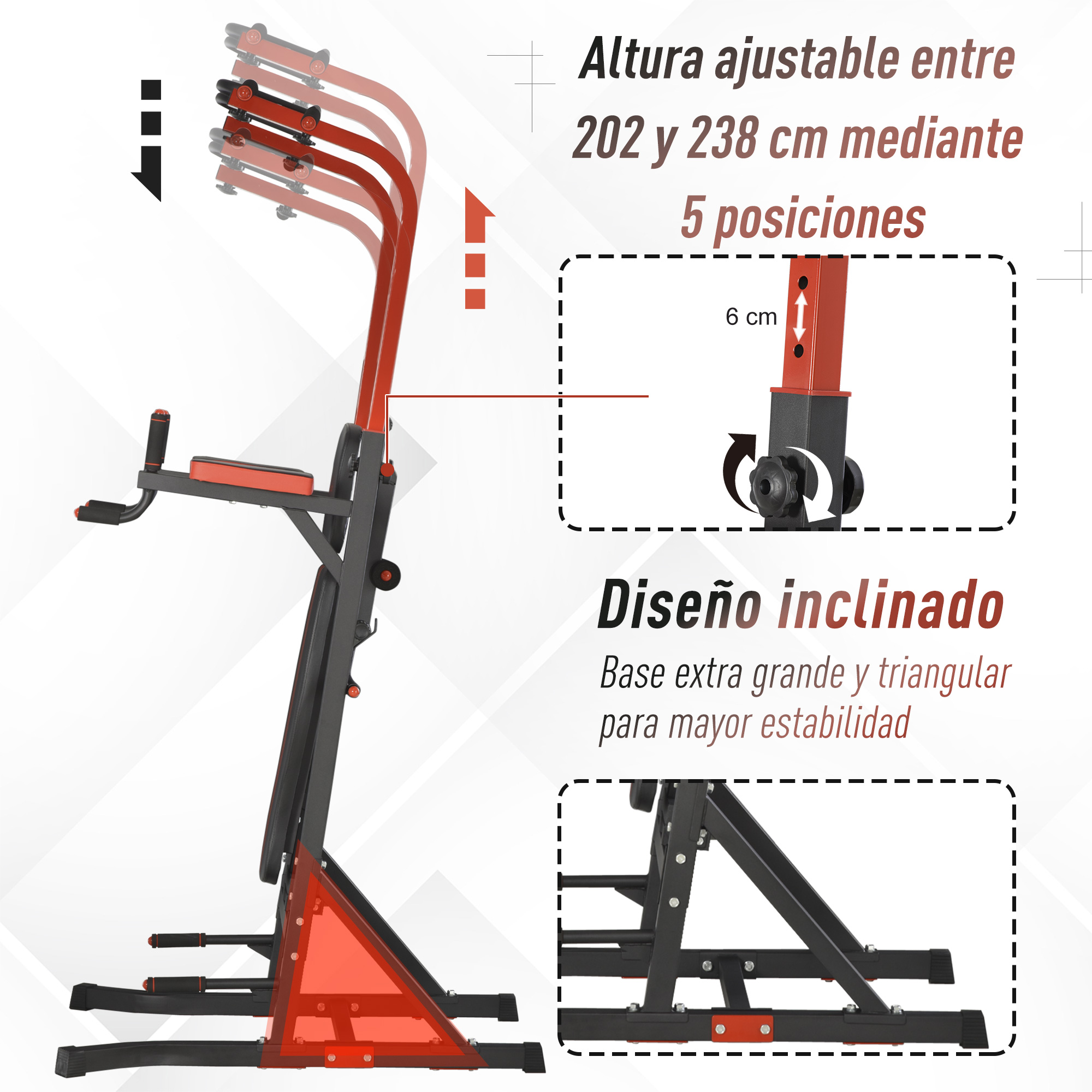 Equipo de fitness negro y rojo con descripción de altura y diseño, y diagramas.