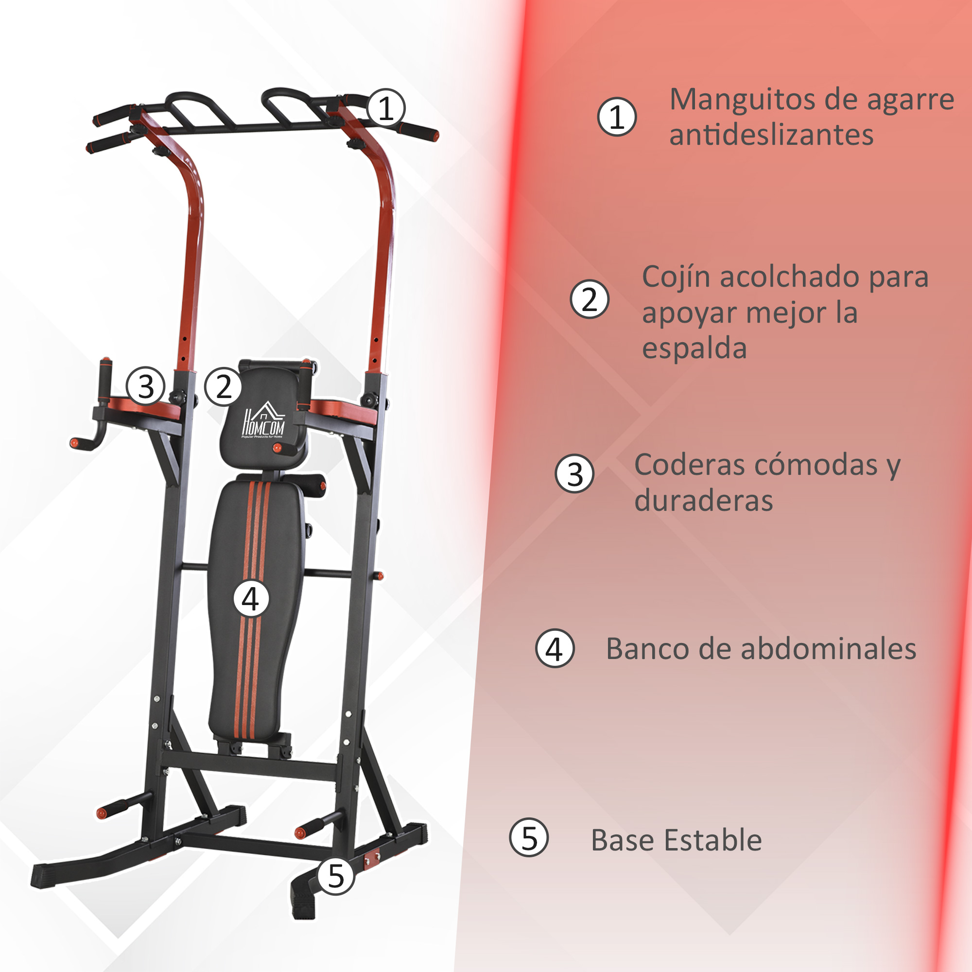 Equipo de ejercicio. Marco negro y rojo. Incluye barra de dominadas, barras de dominadas y banco abdominal.
