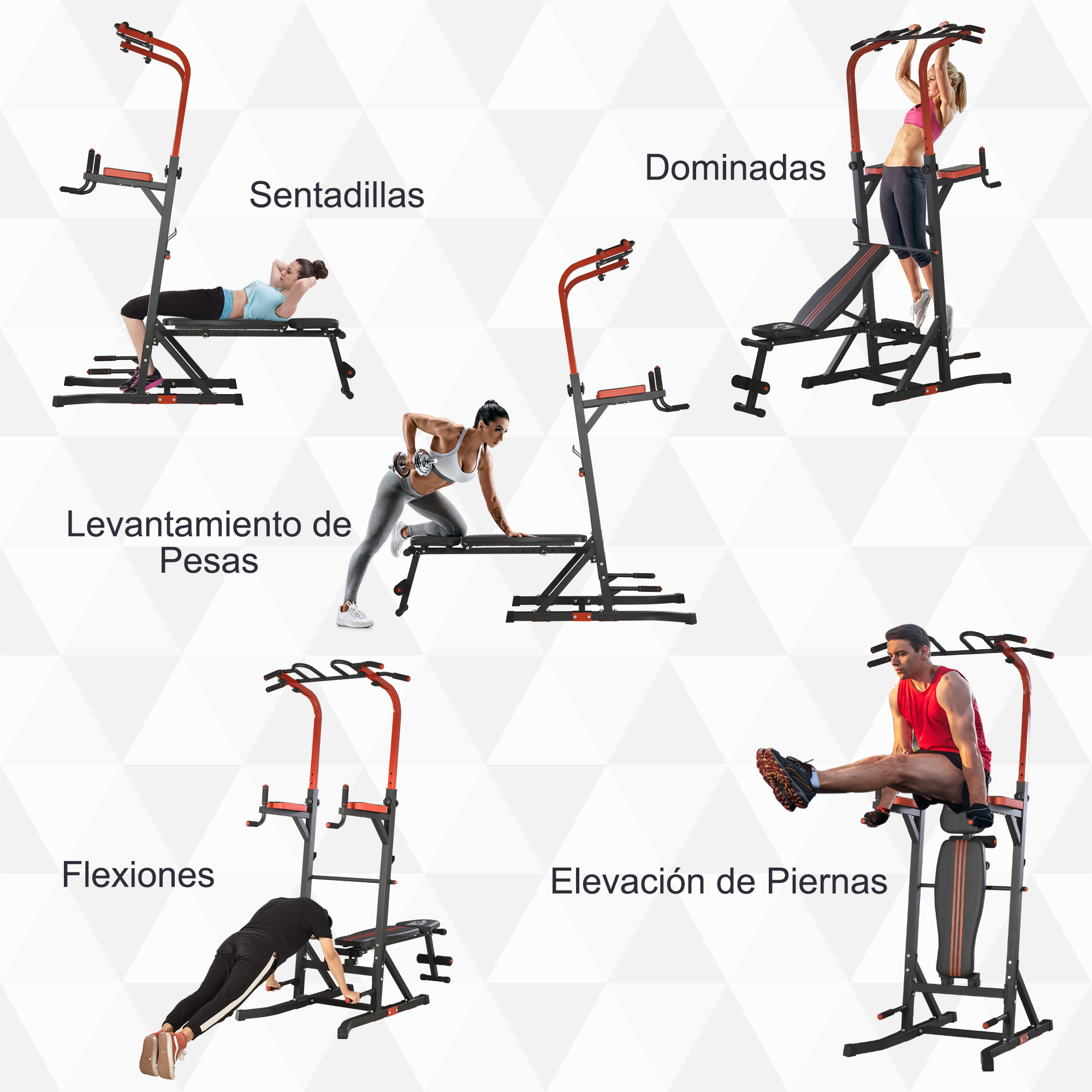 Personas haciendo ejercicio en una estación de entrenamiento, demostrando varios ejercicios.