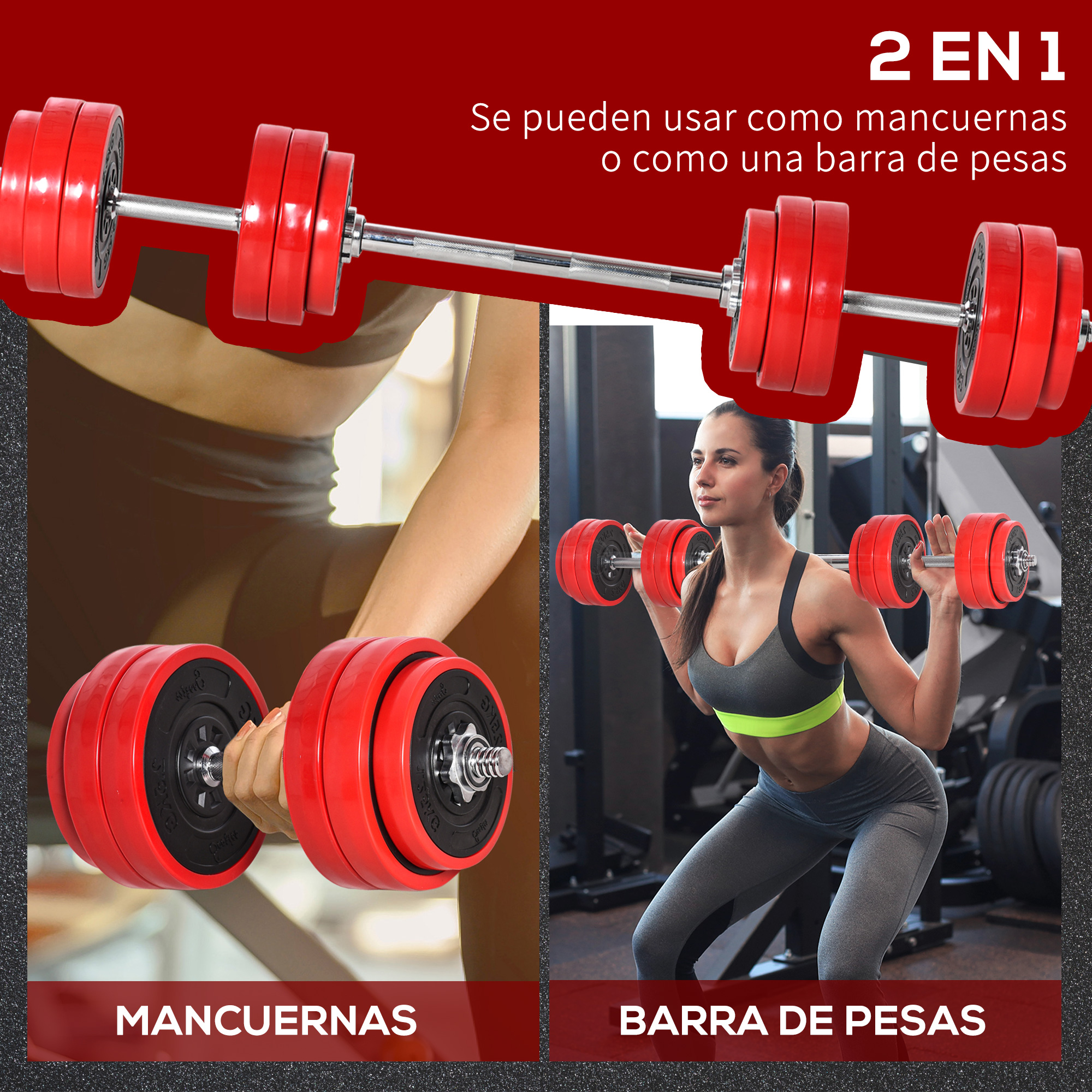 Dos imágenes que muestran el uso de mancuernas y una barra.