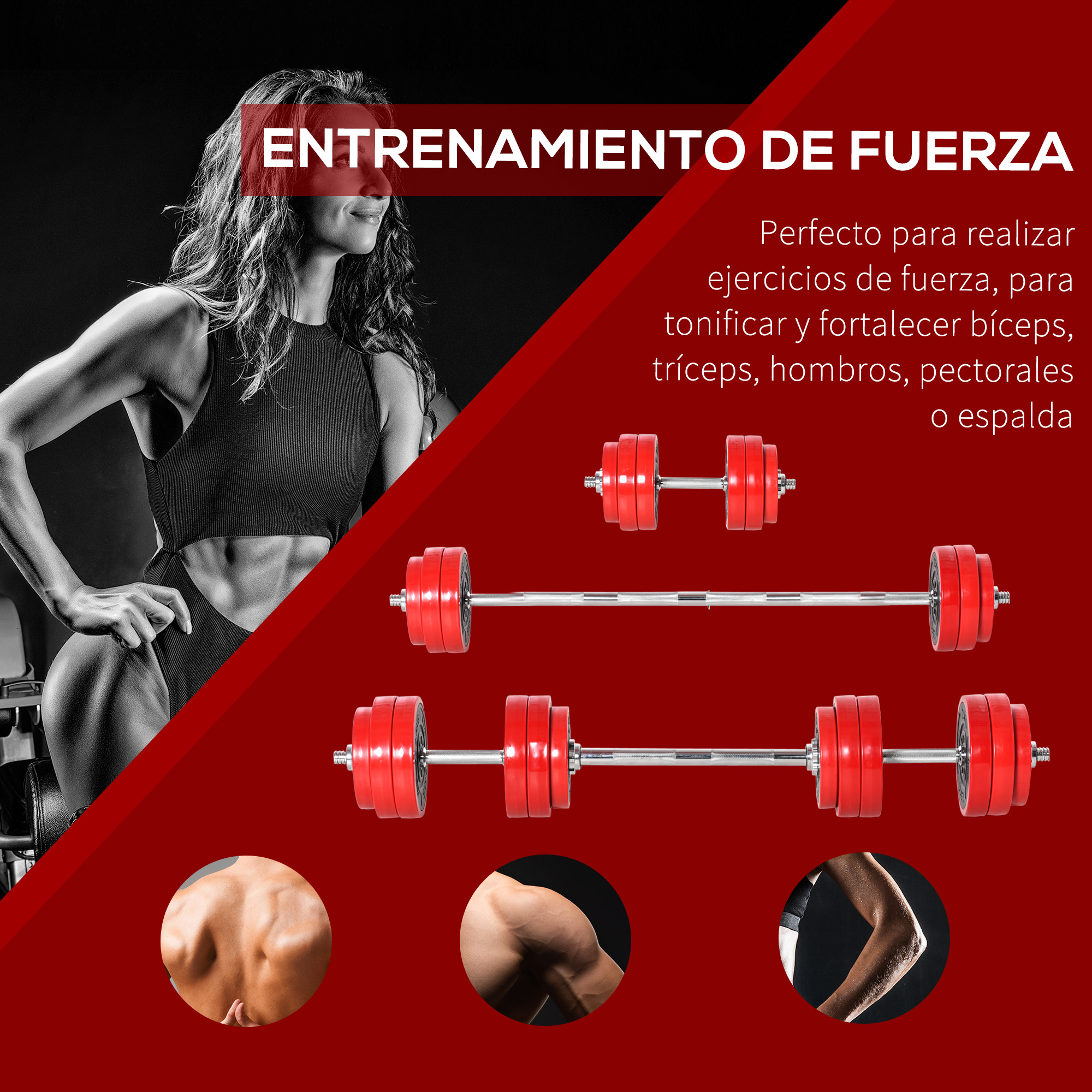Imagen con pesas y una barra, con texto que promueve ejercicios de entrenamiento de fuerza.