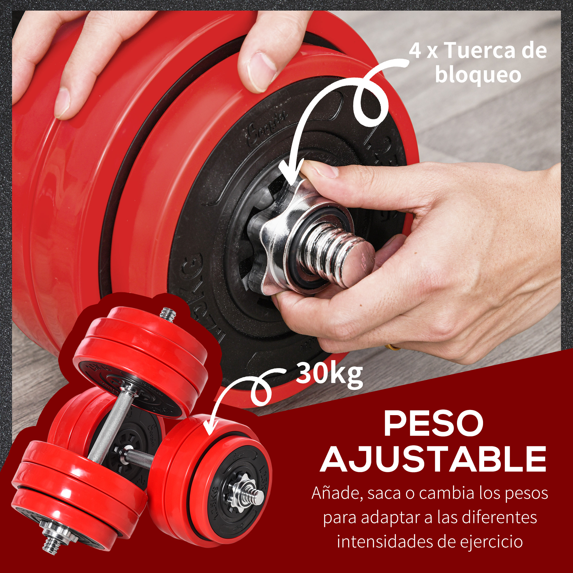 Juego de pesas ajustable rojo con mancuernas. Texto: Peso ajustable, instrucciones, y manos ajustando.