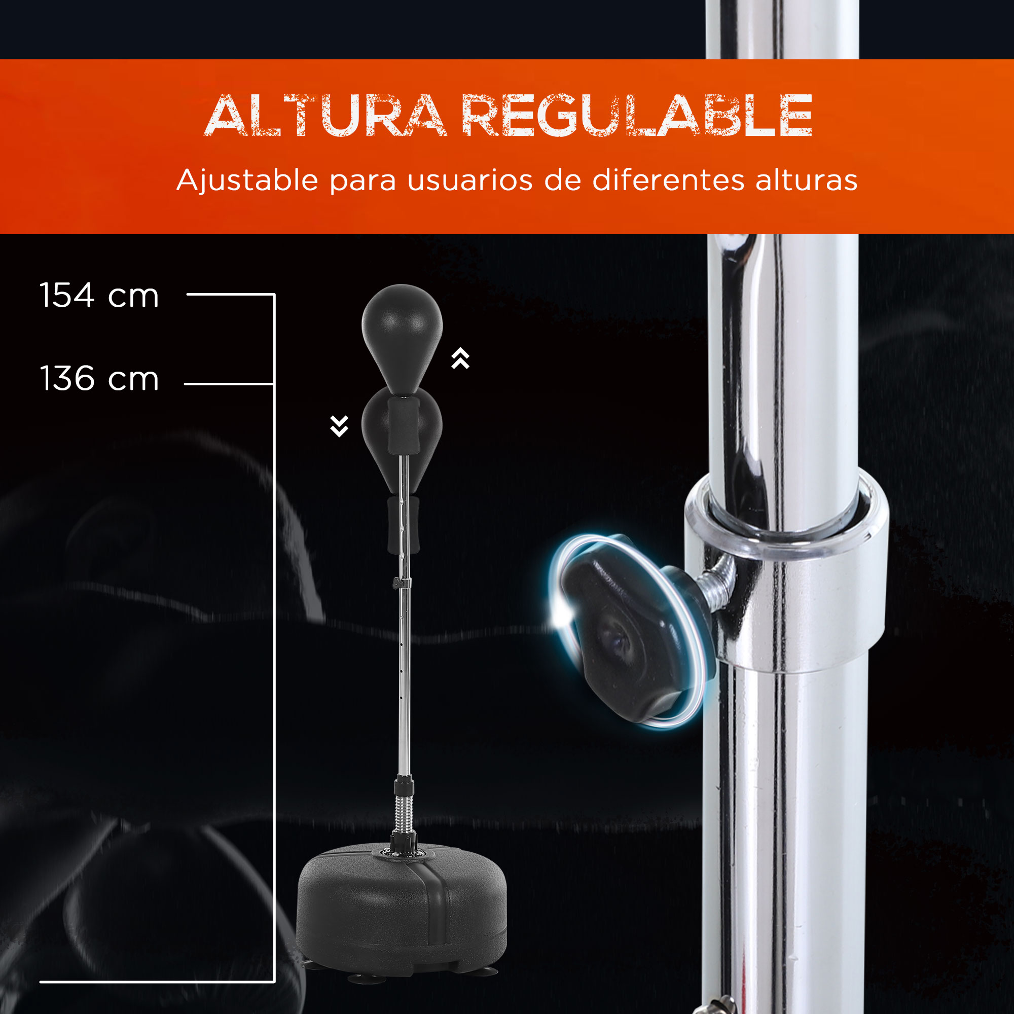 Se muestra una bolsa de boxeo con altura ajustable. El rango de altura se indica con flechas.