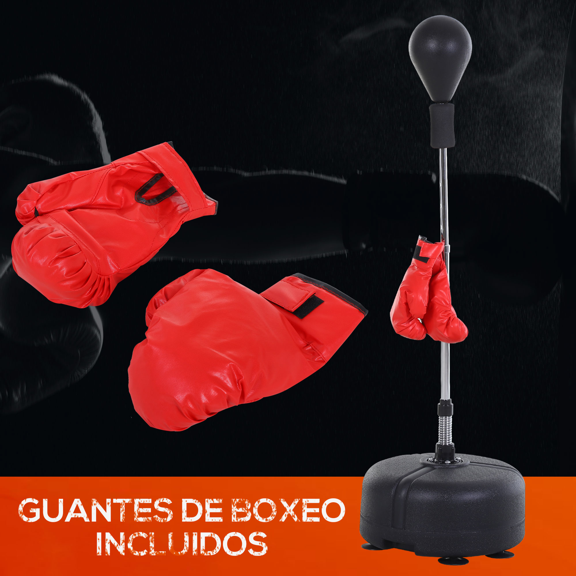 Juego de boxeo con guantes rojos y saco de boxeo.