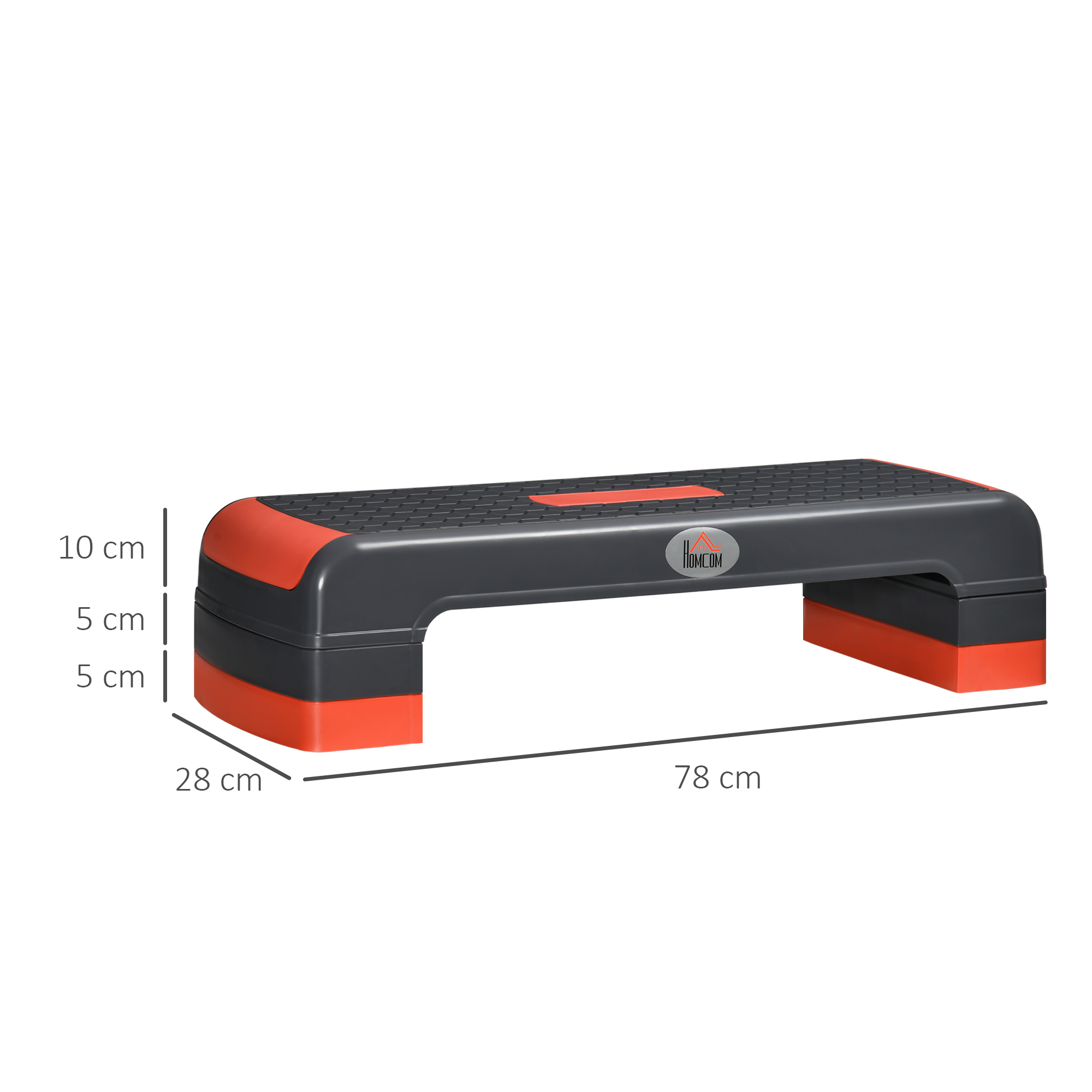 Una piattaforma step nera e arancione con dimensioni espresse in cm su sfondo bianco.
