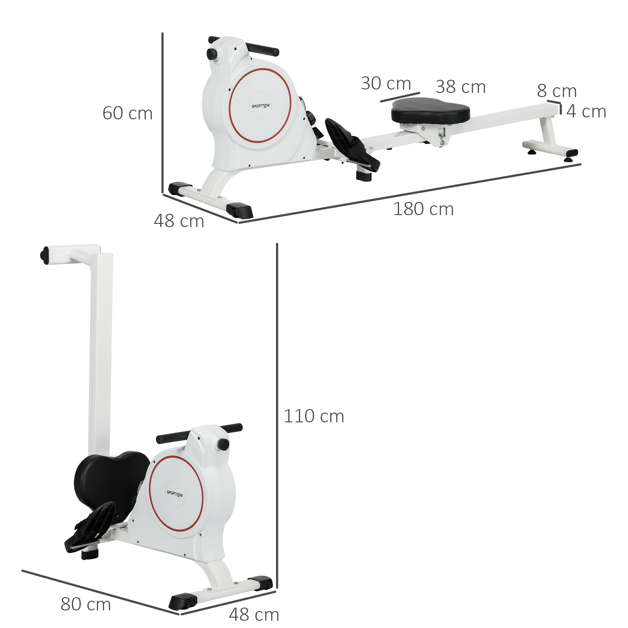Máquina de remo blanca con dimensiones: 180cm largo, 48cm ancho, 110cm alto. Con detalles blancos y rojos.