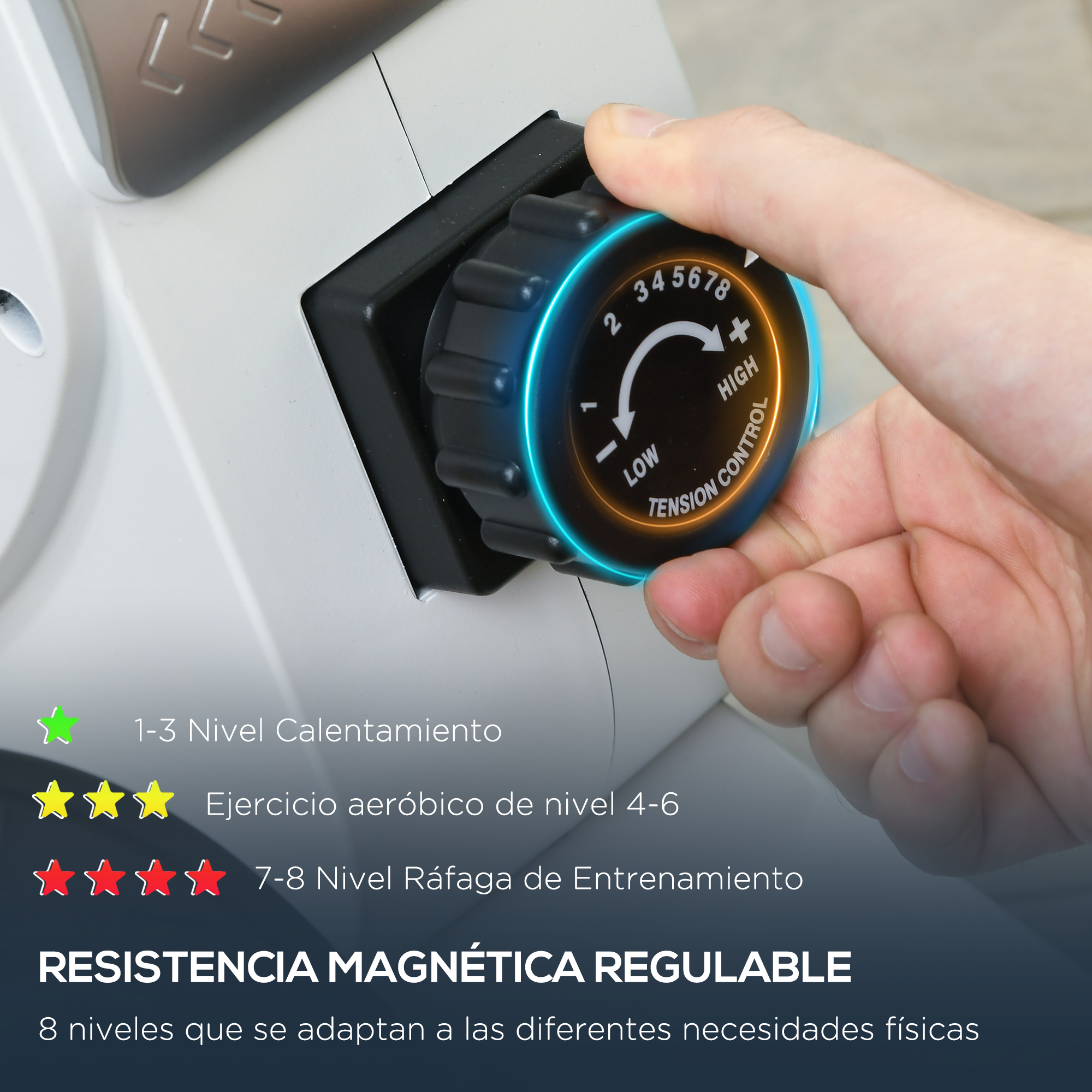 Primer plano de la perilla de resistencia. Muestra los niveles y descripciones de intensidad.