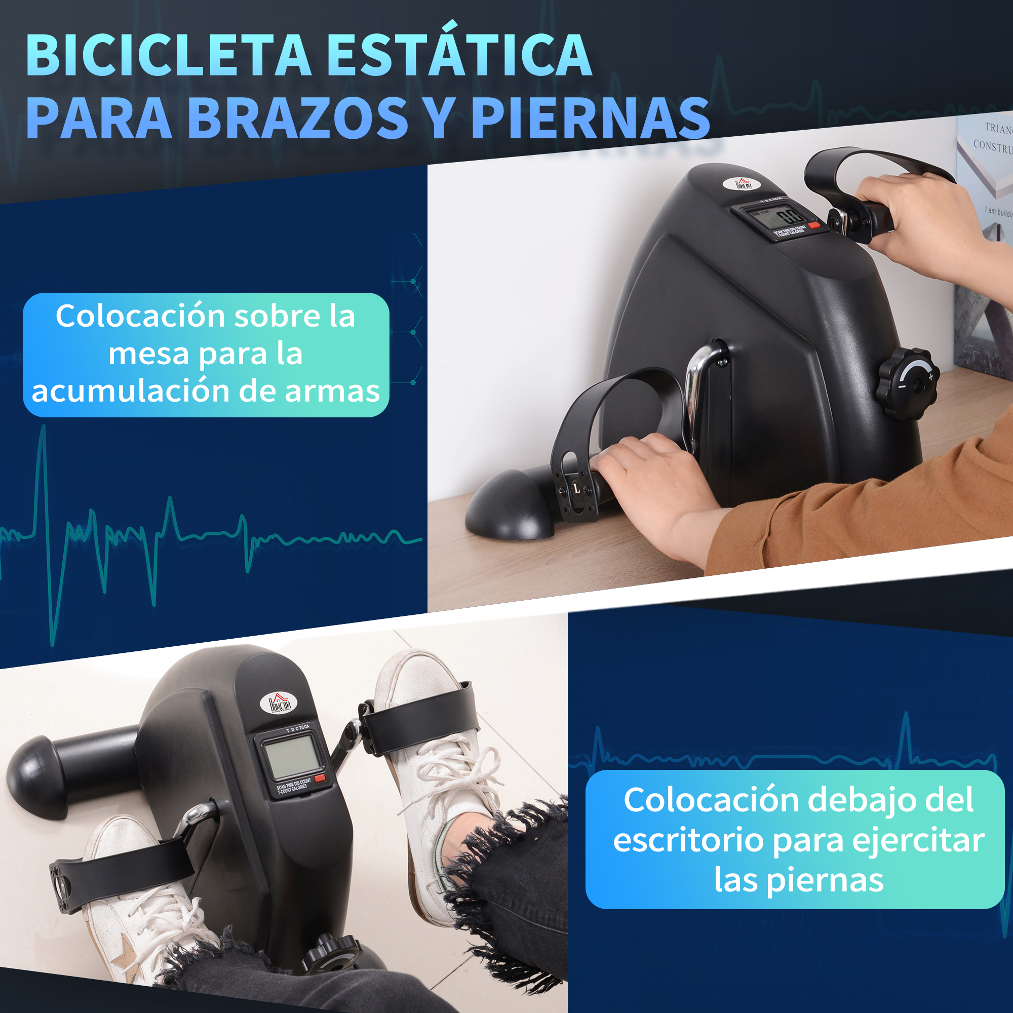 Bicicleta estática, negra y gris. Manos la usan en mesa, pies bajo escritorio. Fondo azul.