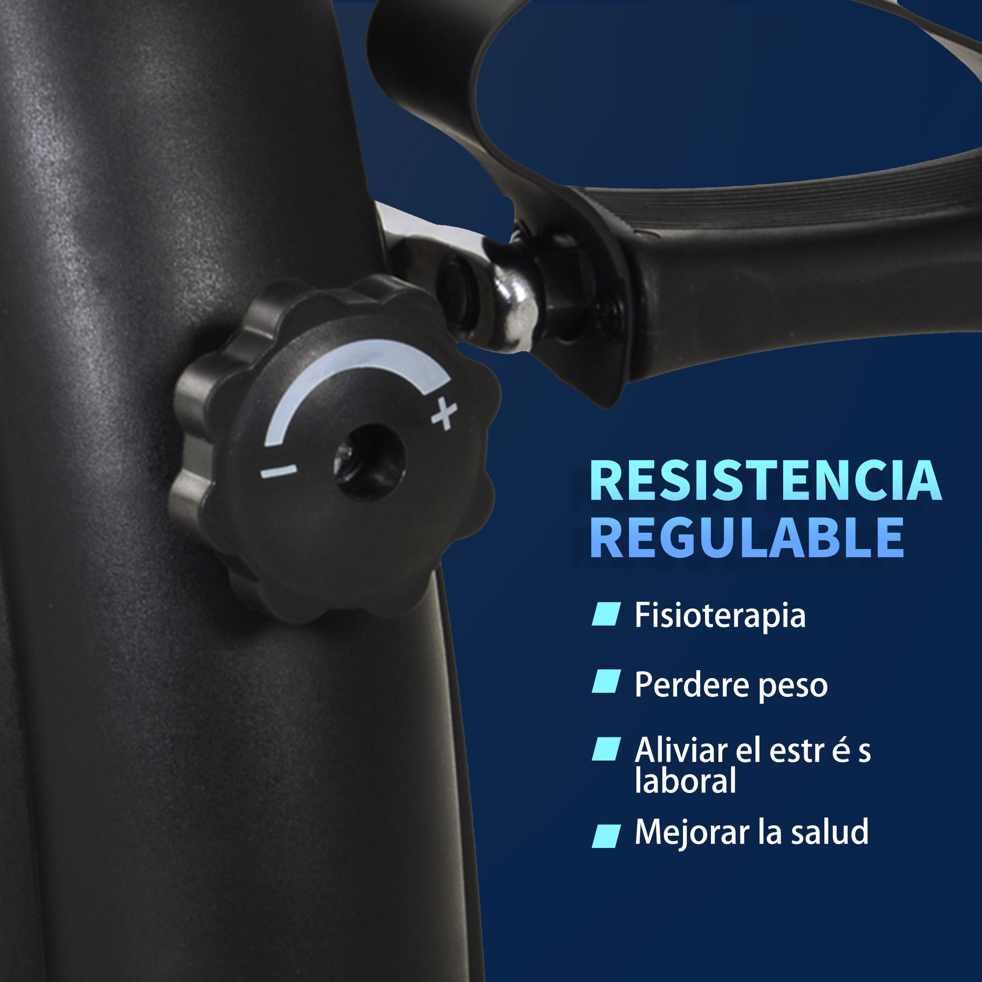 Primer plano de la perilla de resistencia ajustable de una bicicleta estática negra con texto en español.
