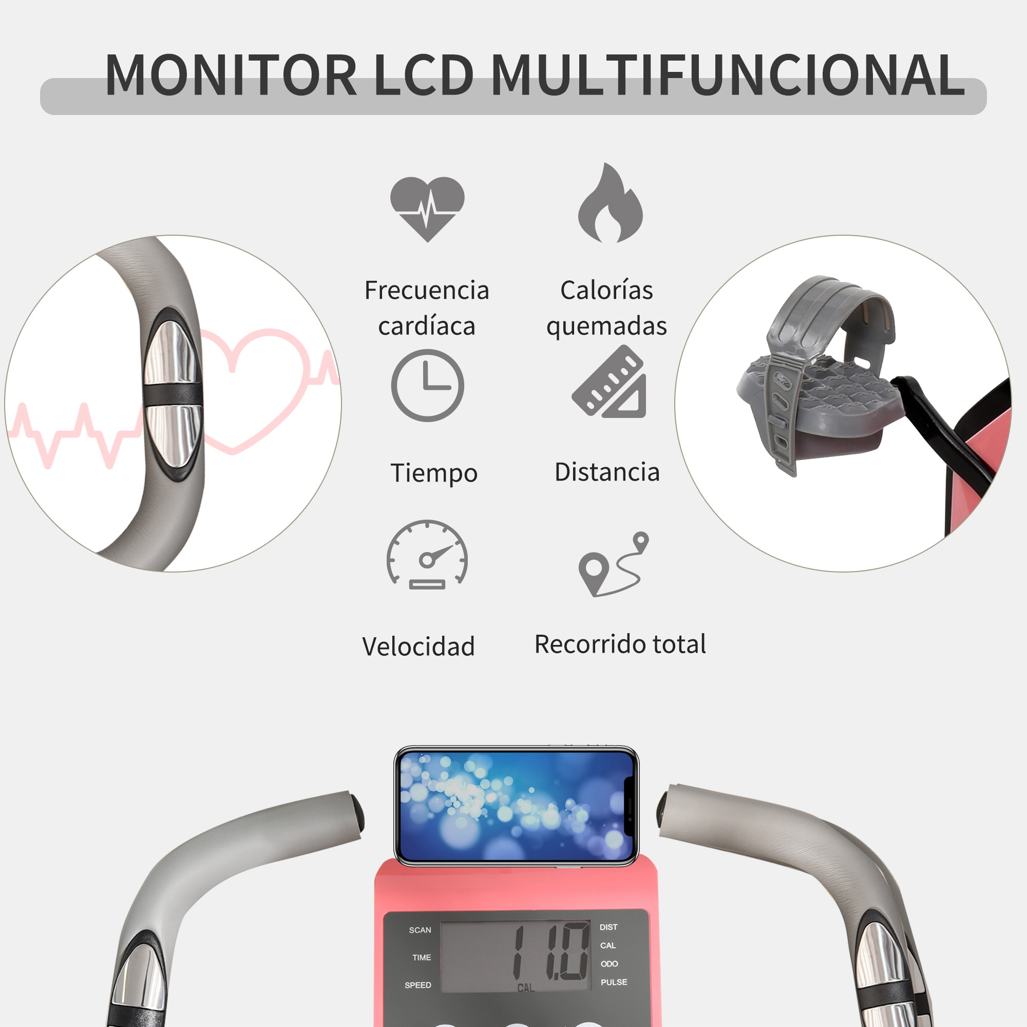 Pantalla de bicicleta estática con iconos y datos de frecuencia cardíaca, calorías, tiempo, distancia, velocidad.