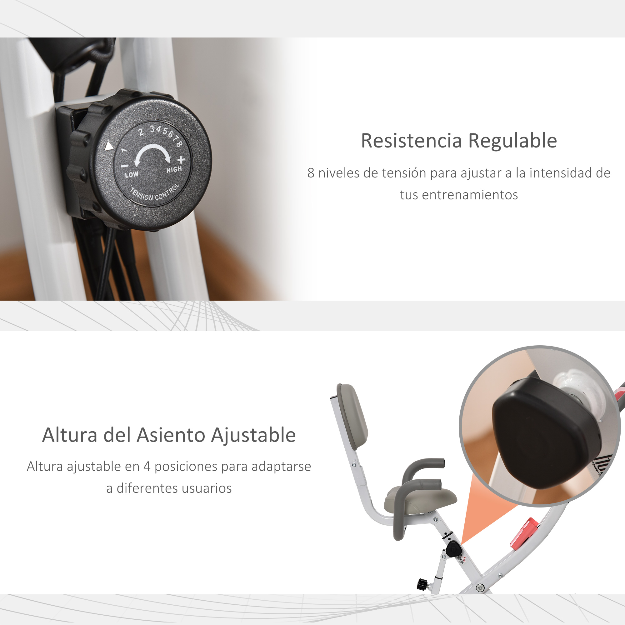 Primer plano de las características de la bicicleta estática. Resistencia ajustable y altura del asiento ajustable.