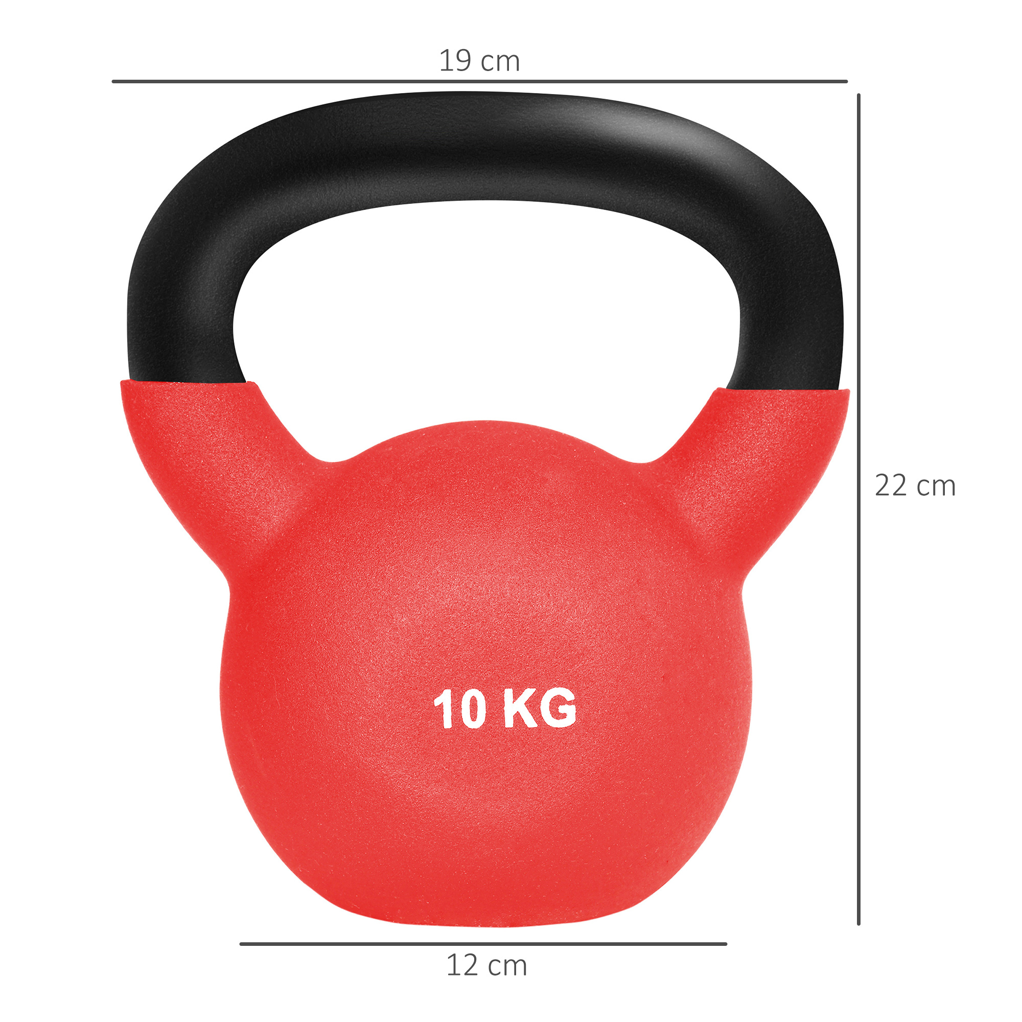 Kettlebell roja con asa negra, mostrando '10 KG' en blanco, con dimensiones.