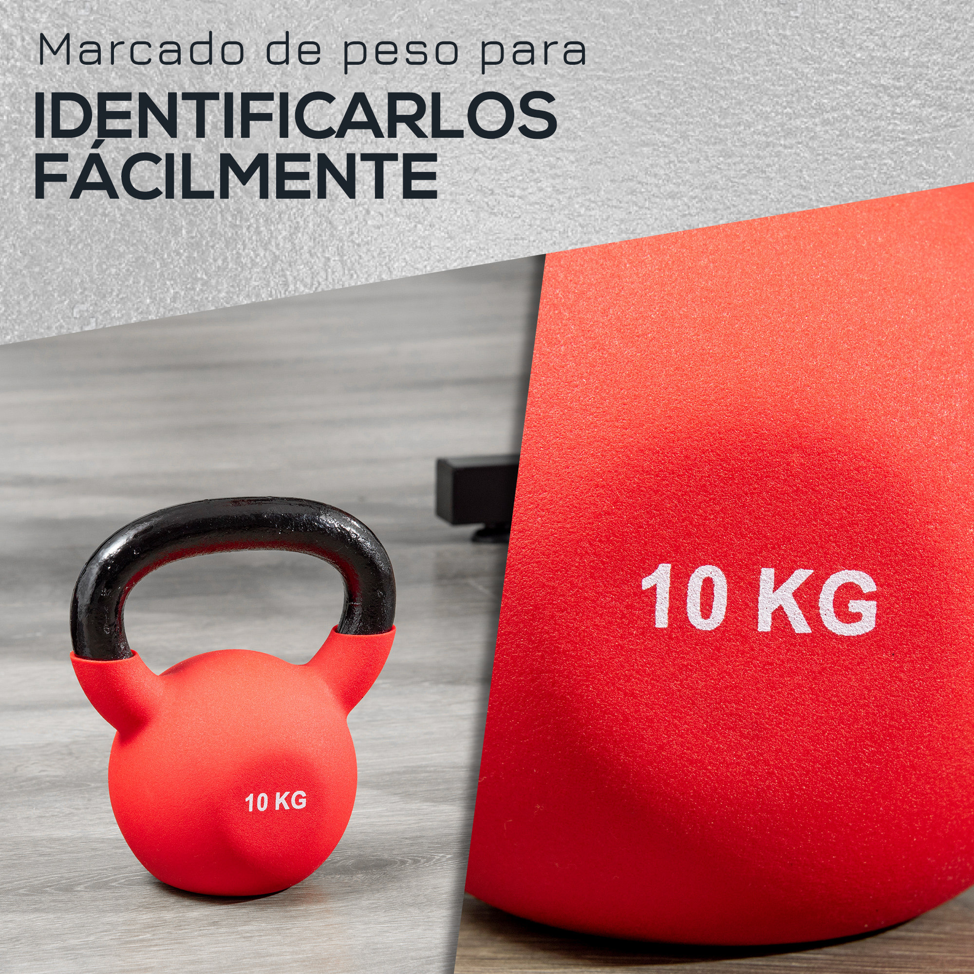 Kettlebell roja con asa negra. Texto '10 KG'. Fondo gris y madera.
