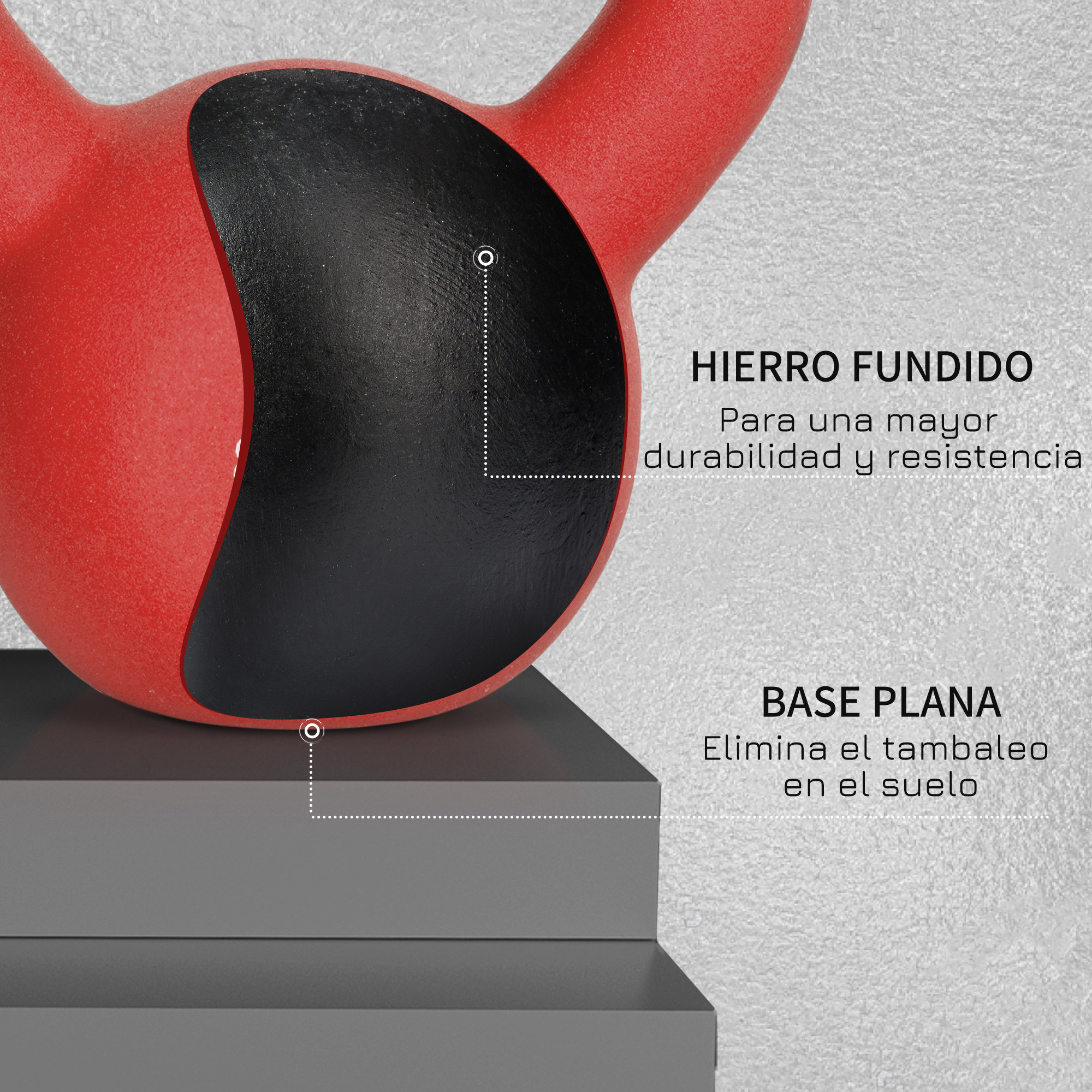 Kettlebell roja con base negra y texto descriptivo. Fondo gris.