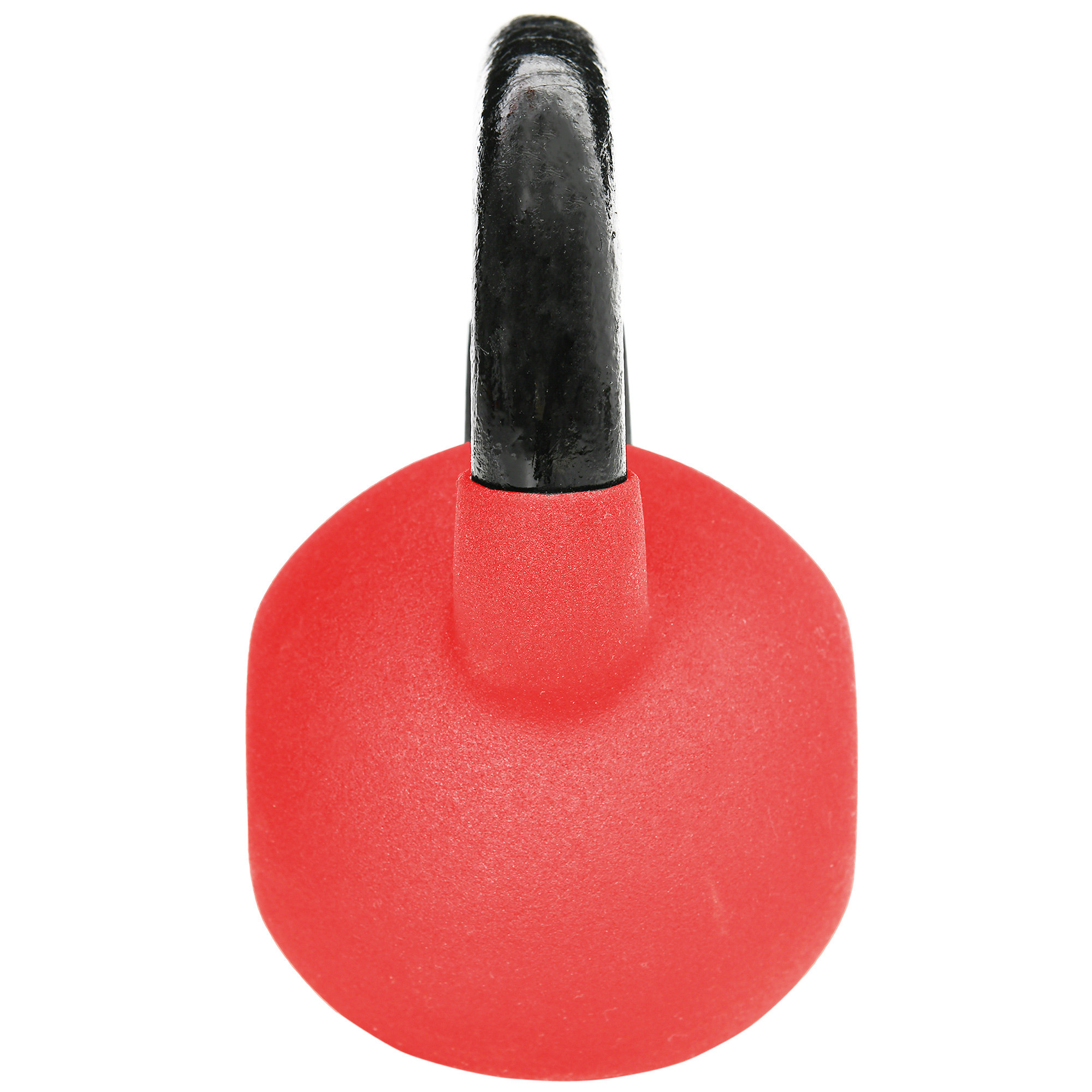 Kettlebell roja con asa negra, en primer plano sobre un fondo blanco.