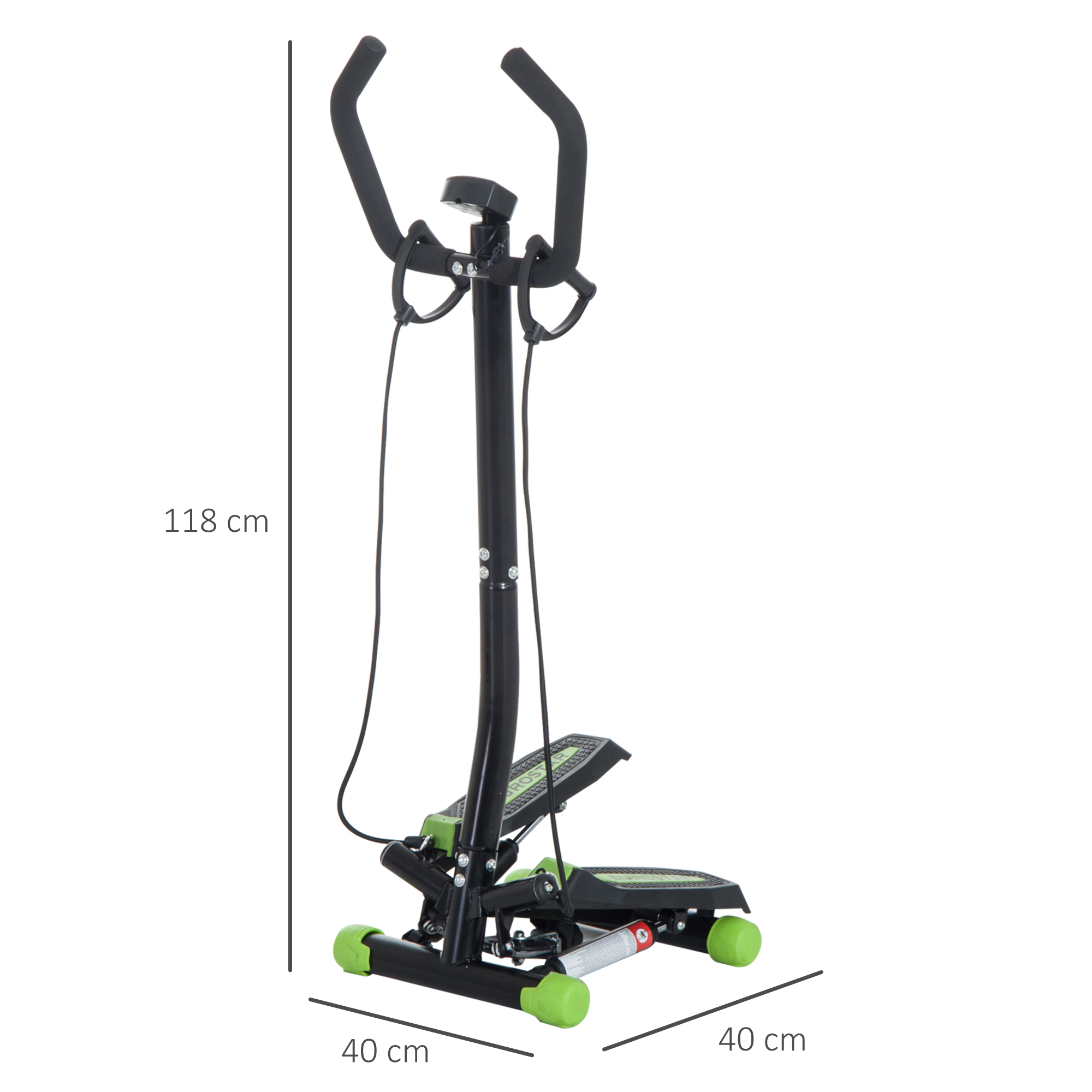 Máquina de step negra y verde. Mide 118 cm de alto y 40 cm de ancho.