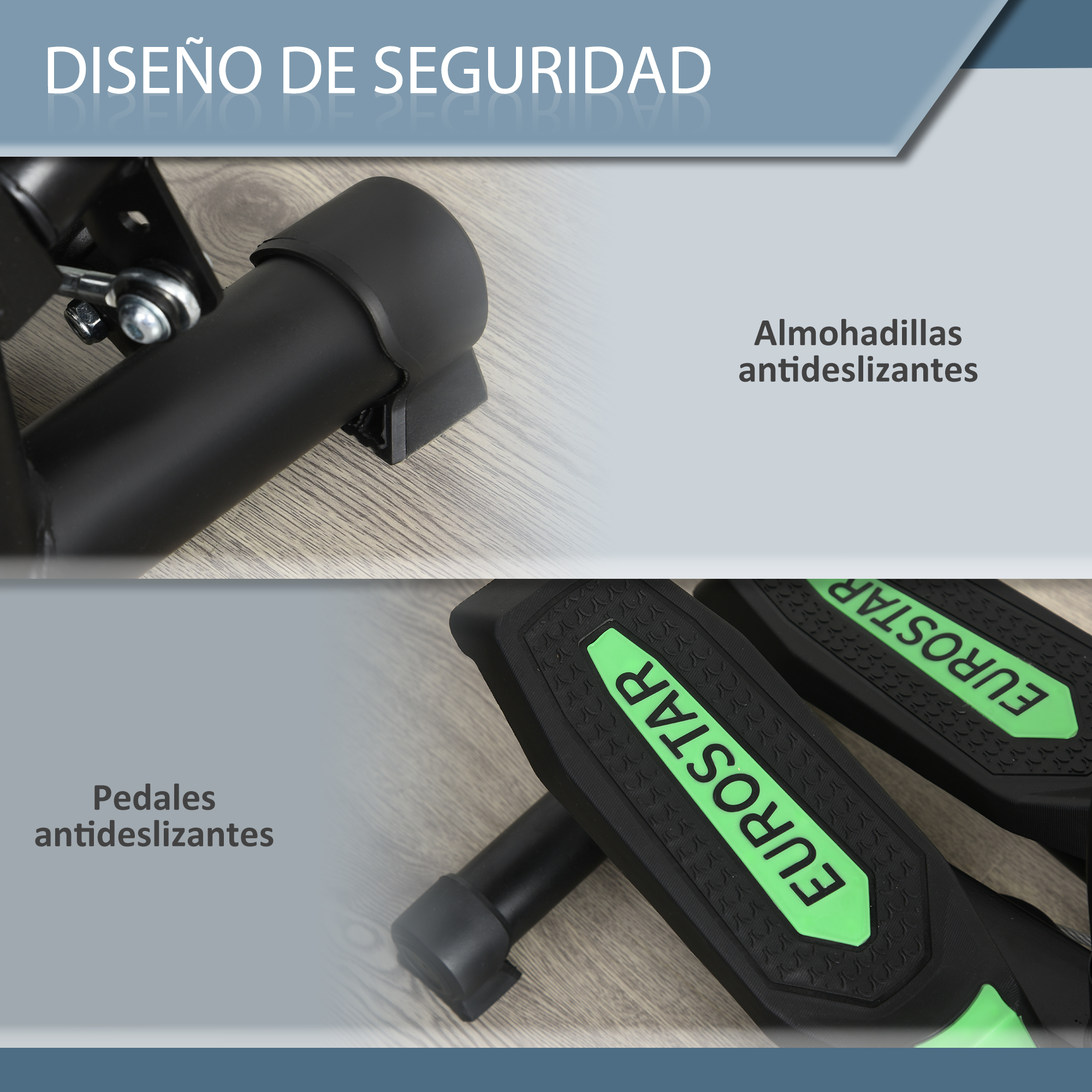 Pedales de stepper negros y verdes. Soportes negros con almohadillas antideslizantes. Diseño de seguridad.