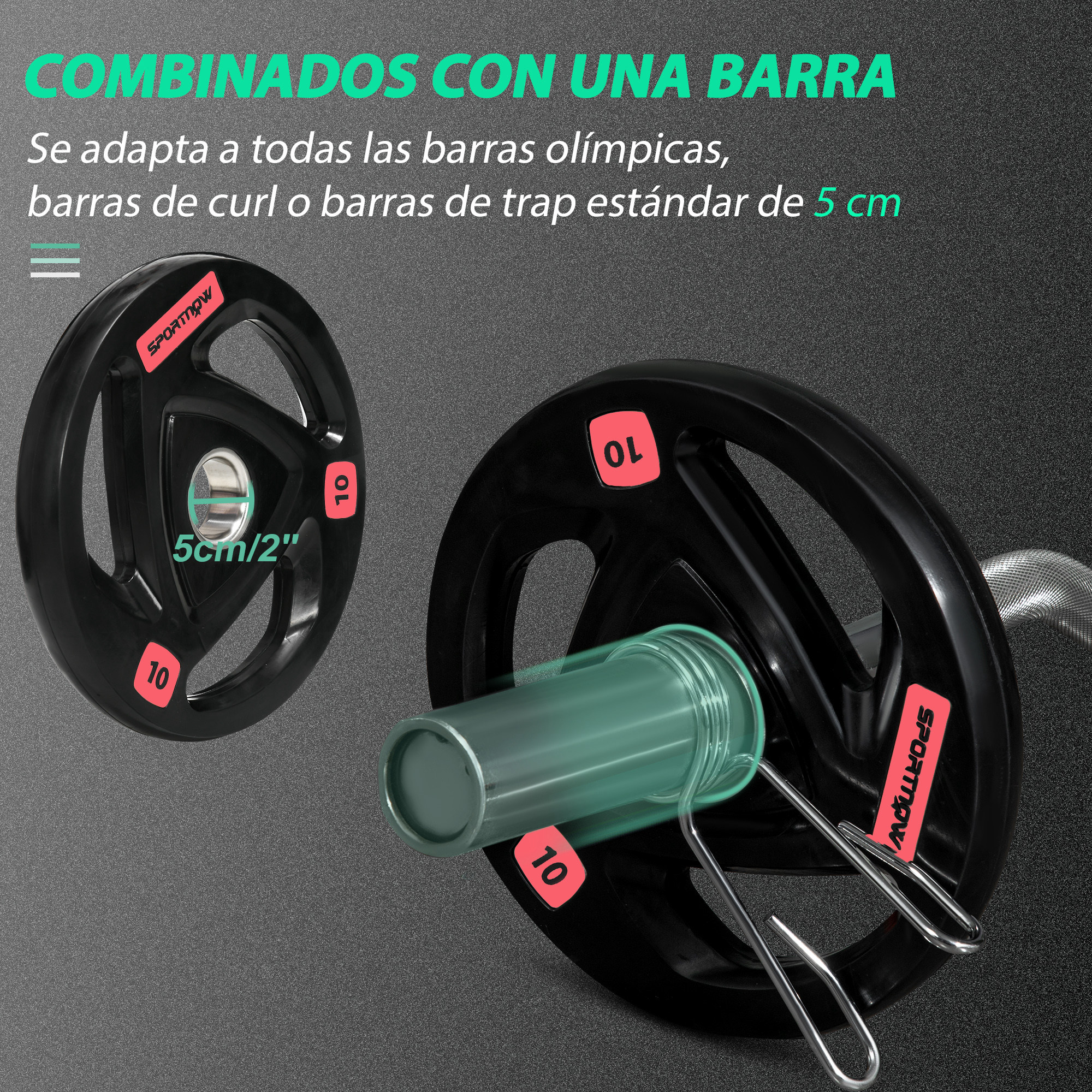 Platos de peso negros con letras rojas y barra verde, toma de cerca.
