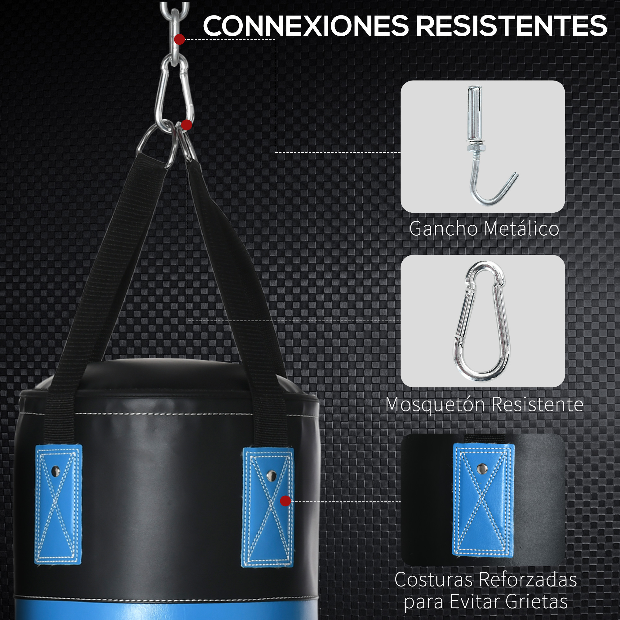 Primer plano de un saco de boxeo con costuras reforzadas y ganchos metálicos.