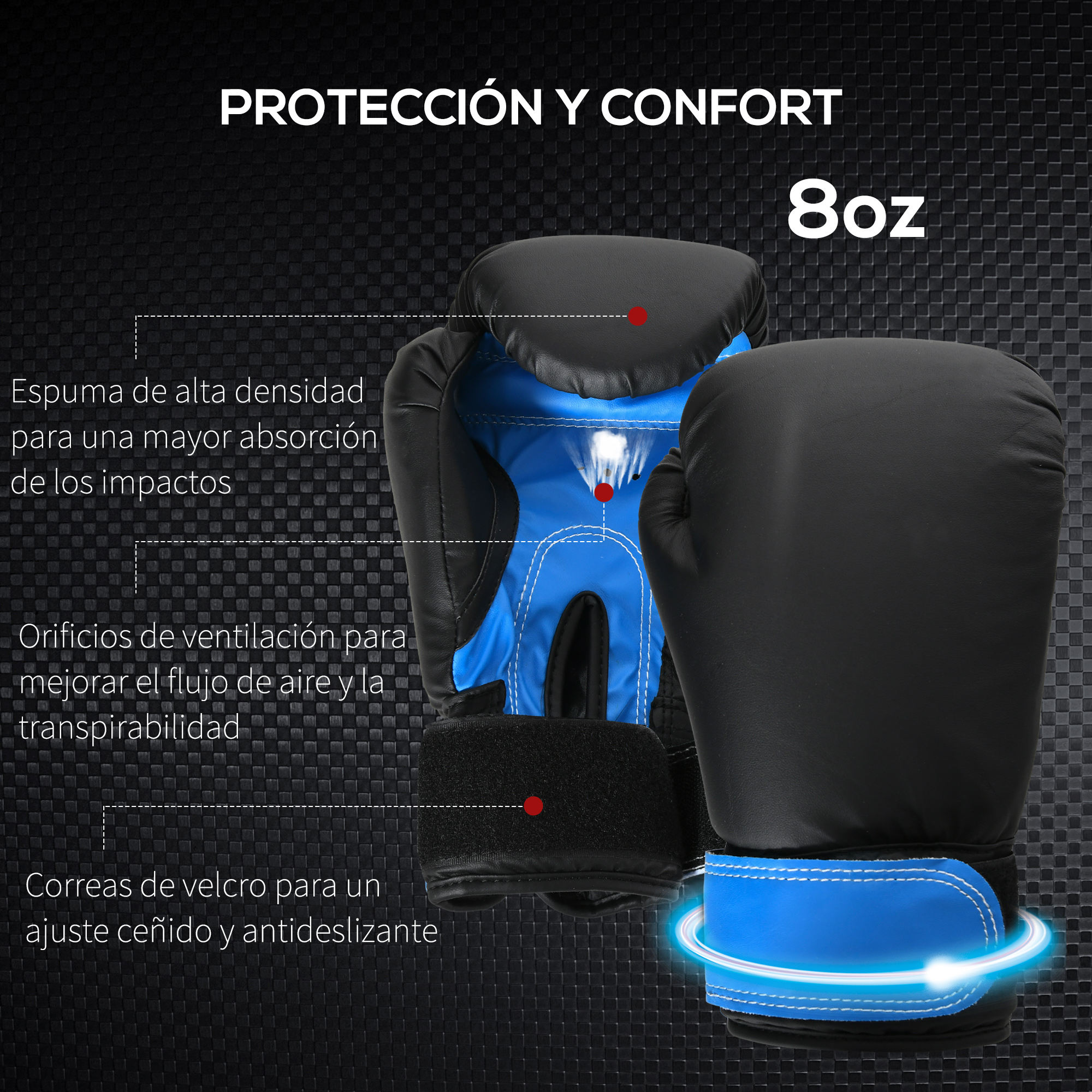 Par de guantes de boxeo negros y azules, con partes etiquetadas y fondo azul.
