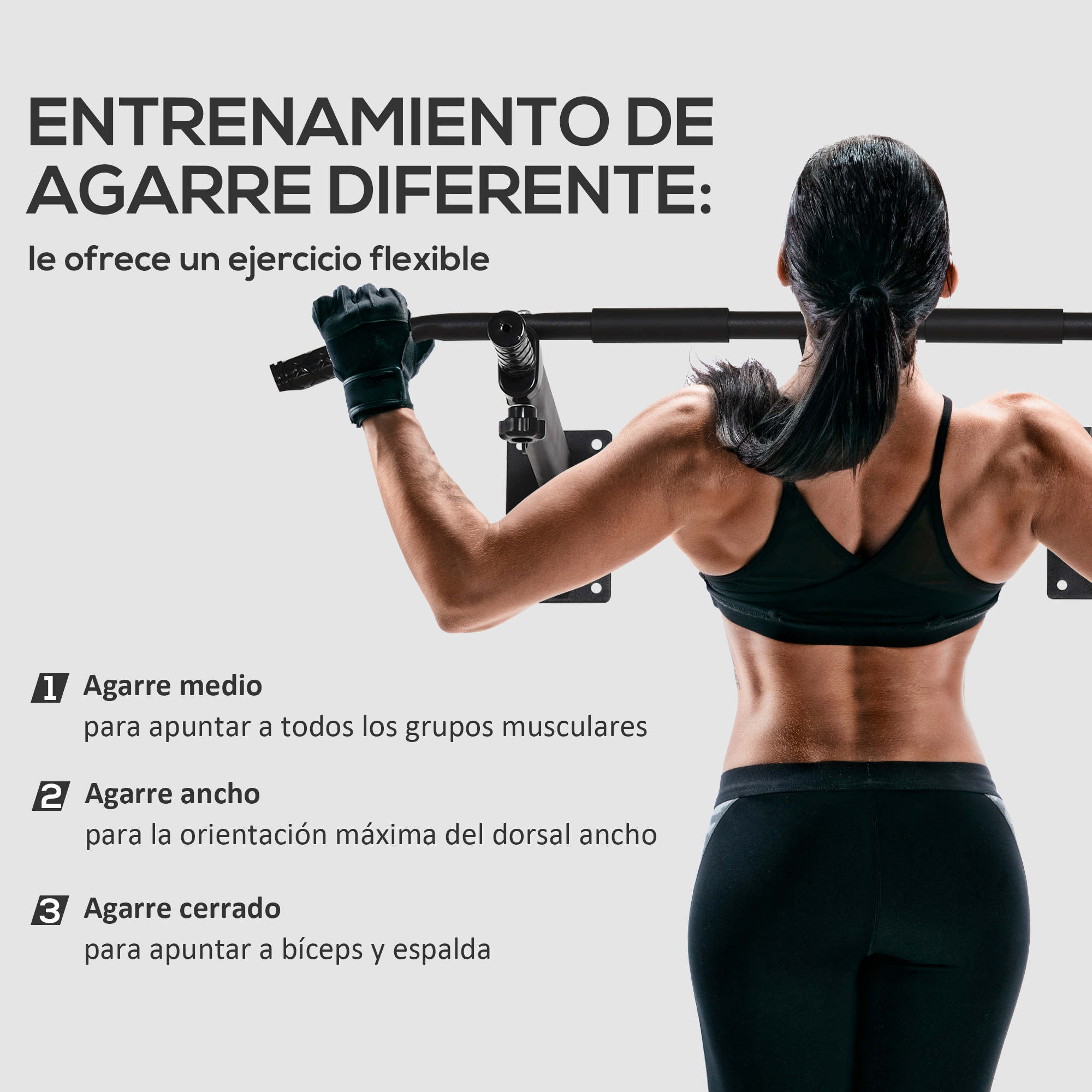 Una mujer haciendo dominadas en una barra, ilustrando diferentes tipos de agarre para el ejercicio.