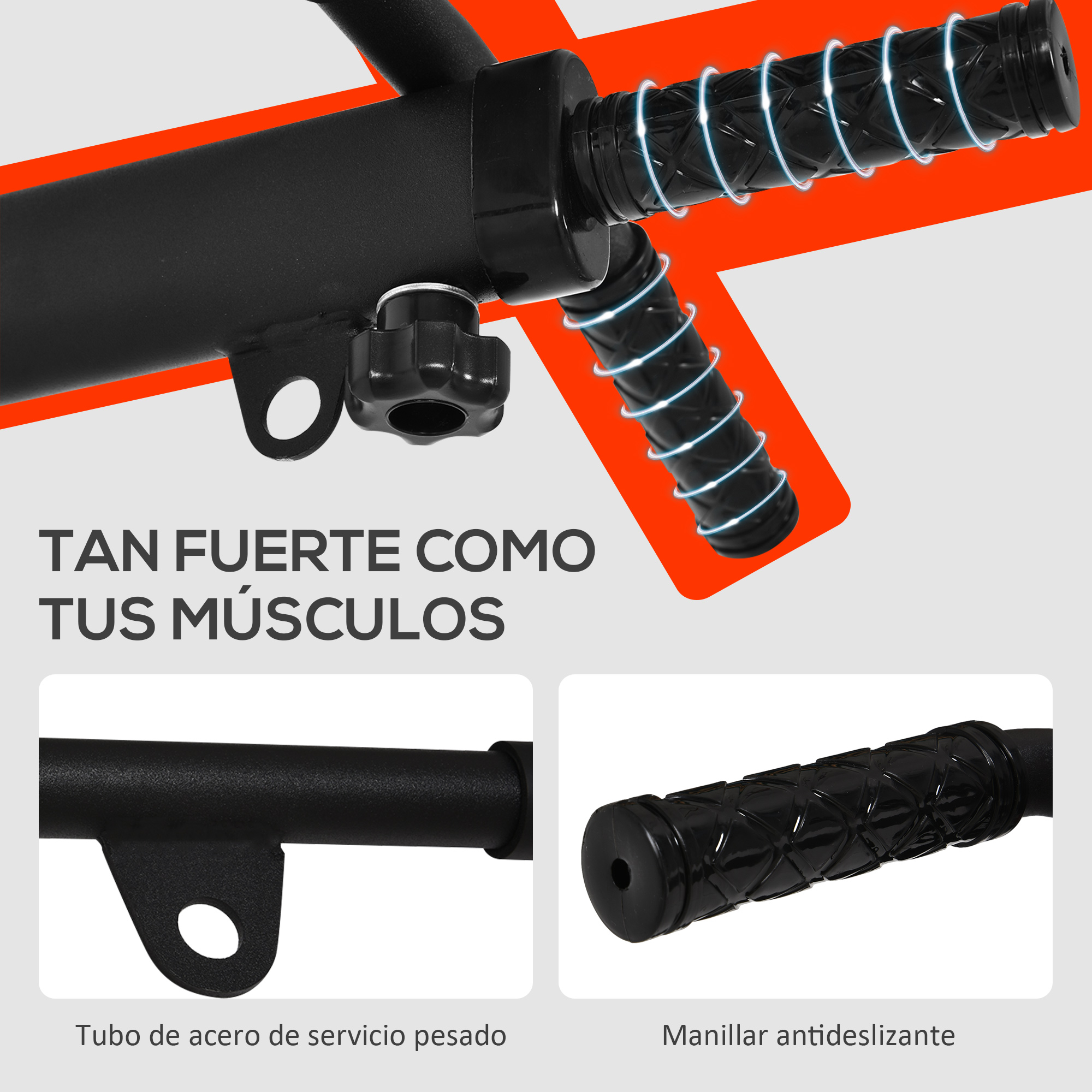 Primer plano de un asa. Tubo de acero resistente y manillar antideslizante. Fondo naranja.