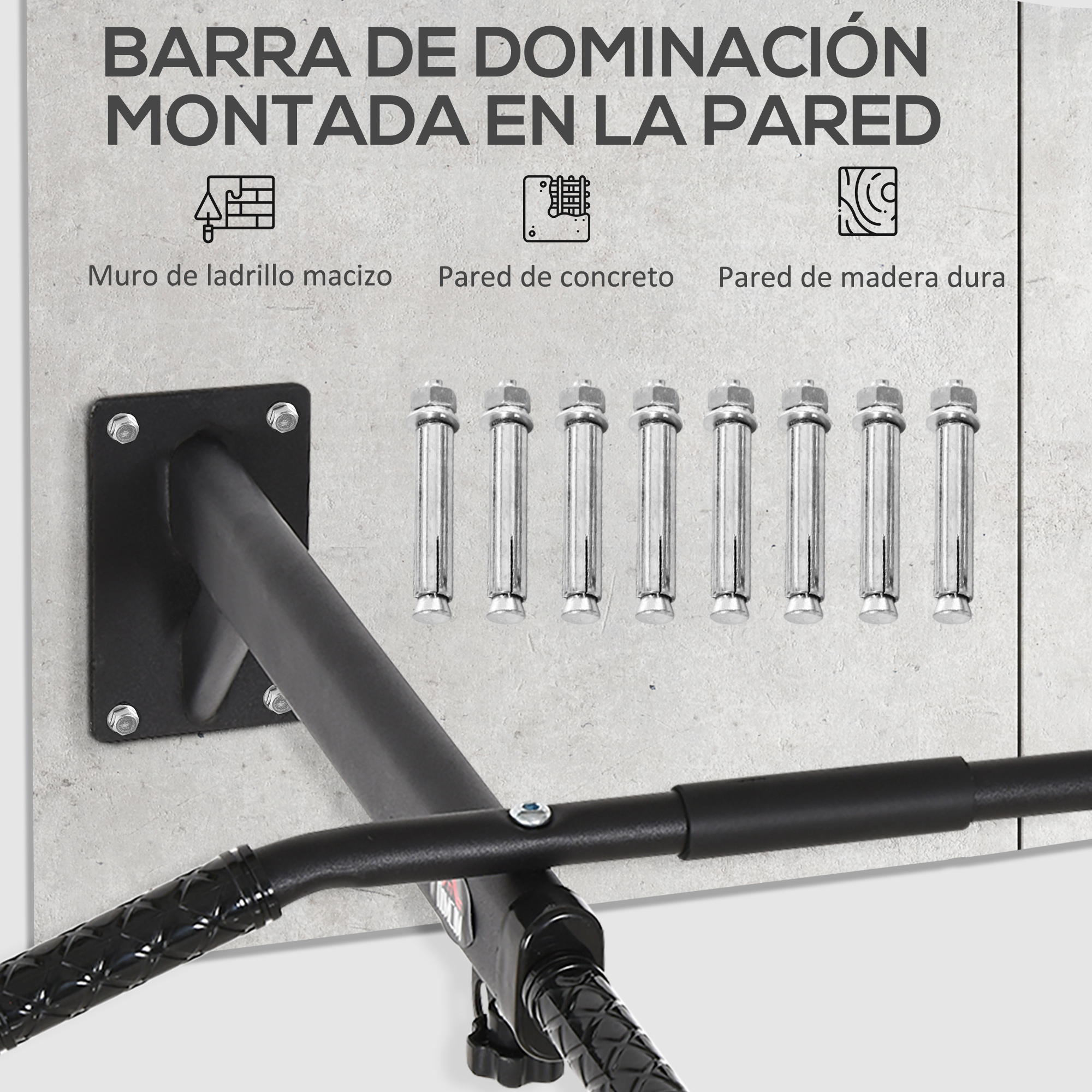 Barra de dominadas negra montada en pared gris con opciones de tornillos.