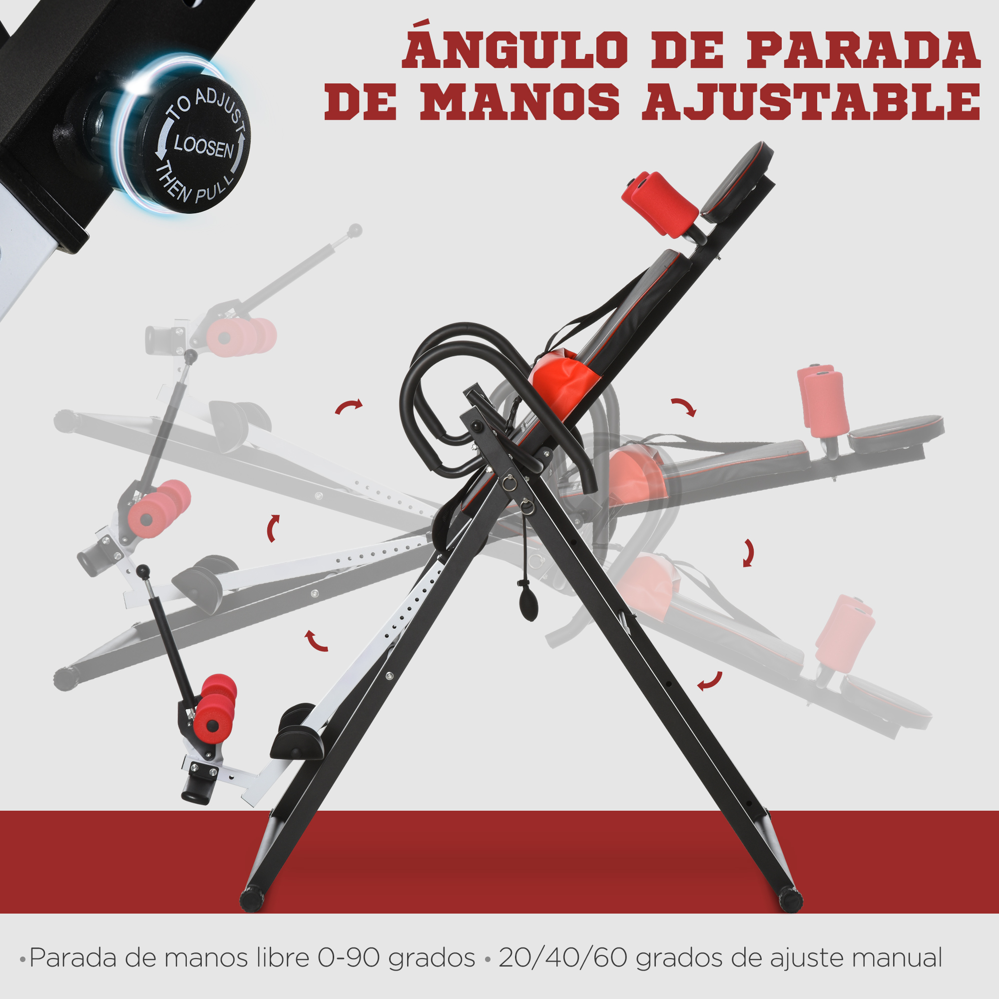 Mesa de inversión. Apoyabrazos y reposapiés ajustables. Texto: ángulo de mano ajustable.