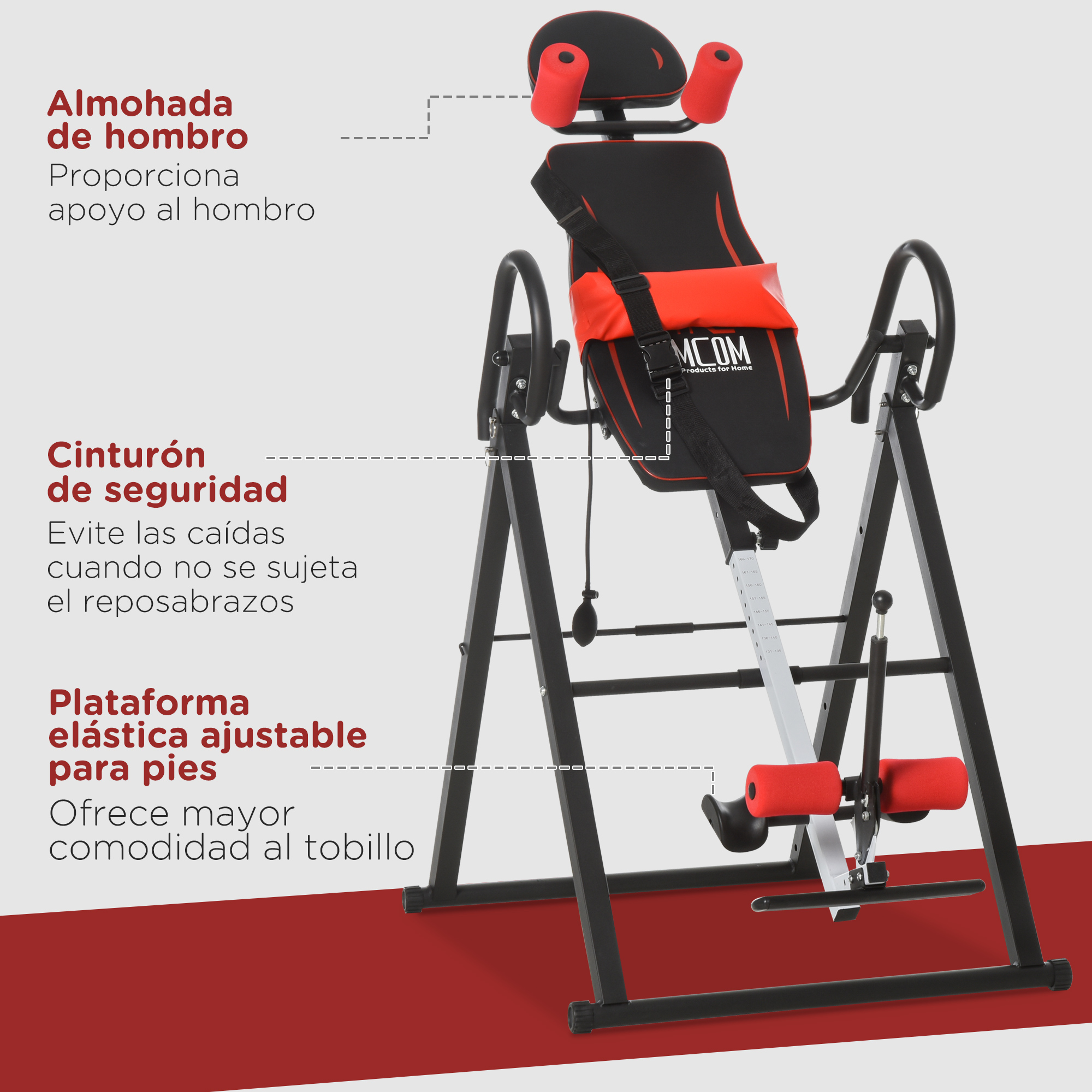 Mesa de inversión con etiquetas. Muestra soporte de hombros, cinturón de seguridad y plataforma.