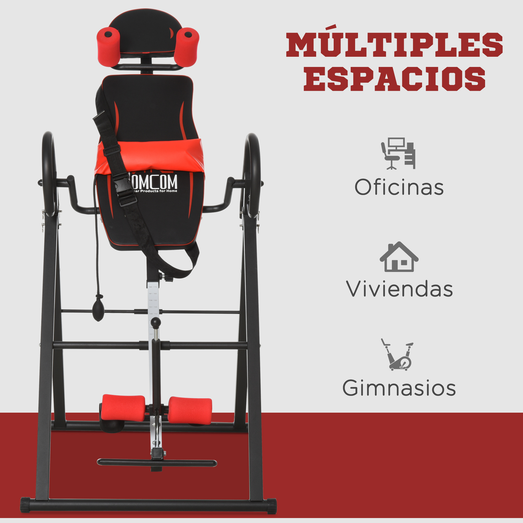Mesa de inversión con múltiples soportes rojos y negros, en oficina, hogar y gimnasio.