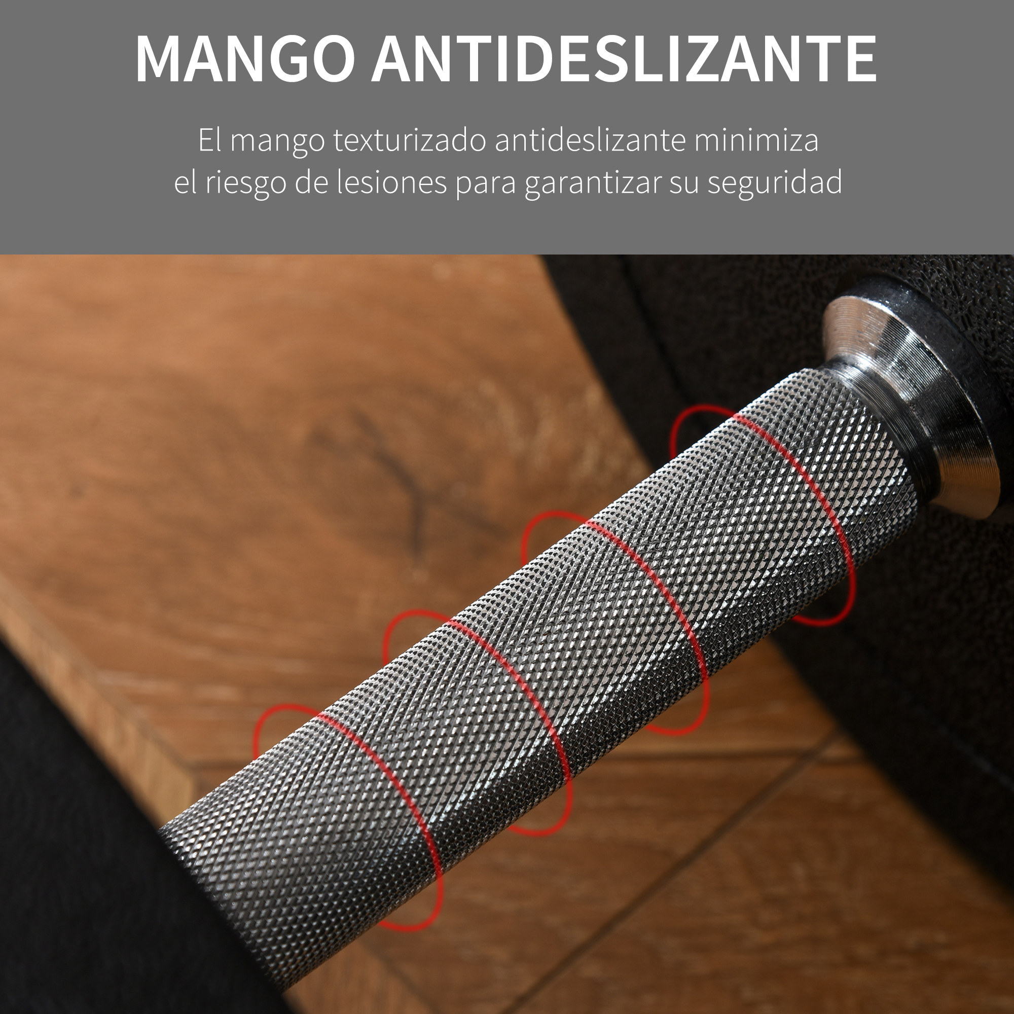 Primer plano de un mango de mancuerna plateado texturizado, con texto que menciona el agarre antideslizante.