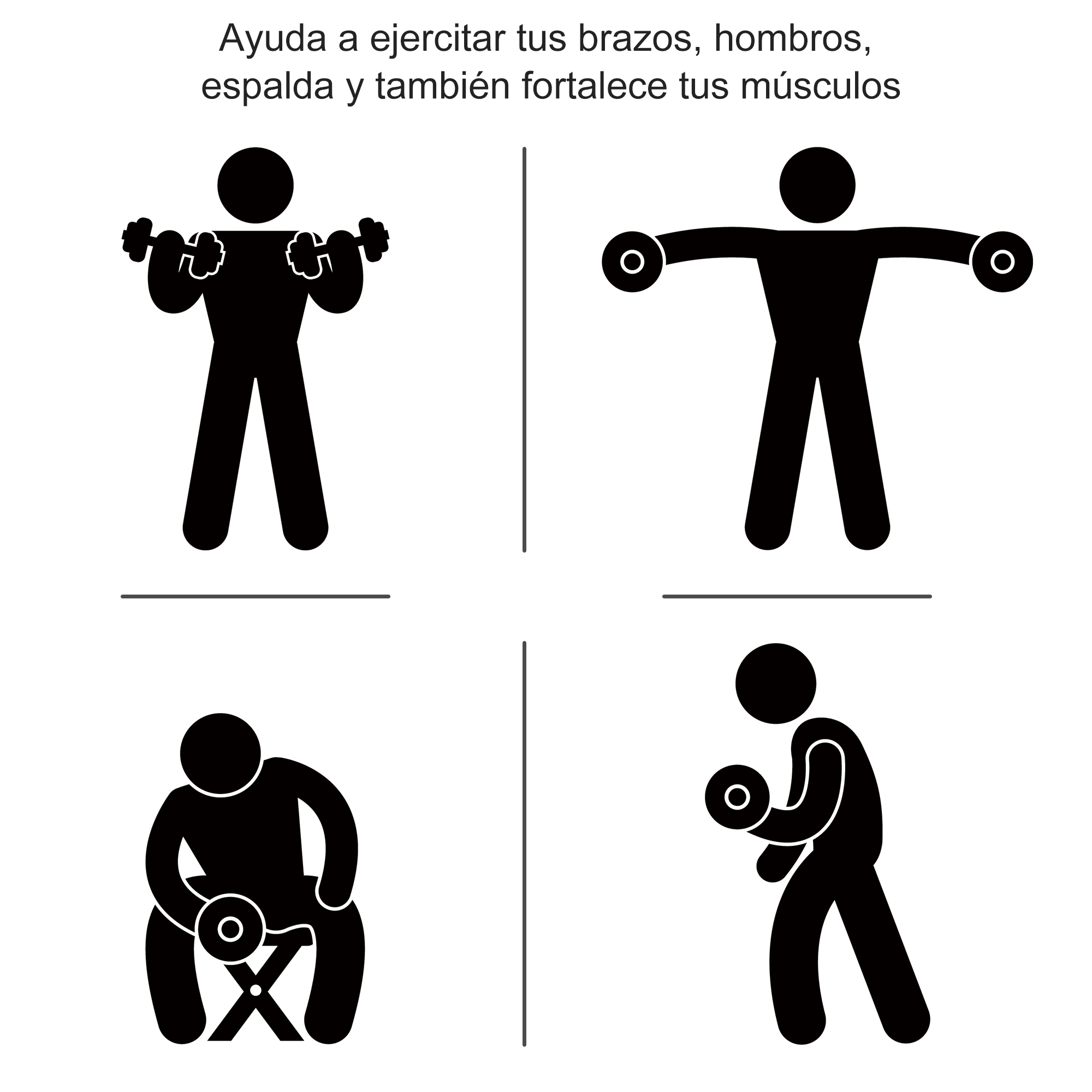 Cuatro figuras de palo que demuestran ejercicios con pesas. El texto es español, promoviendo entrenamientos de brazos y hombros.
