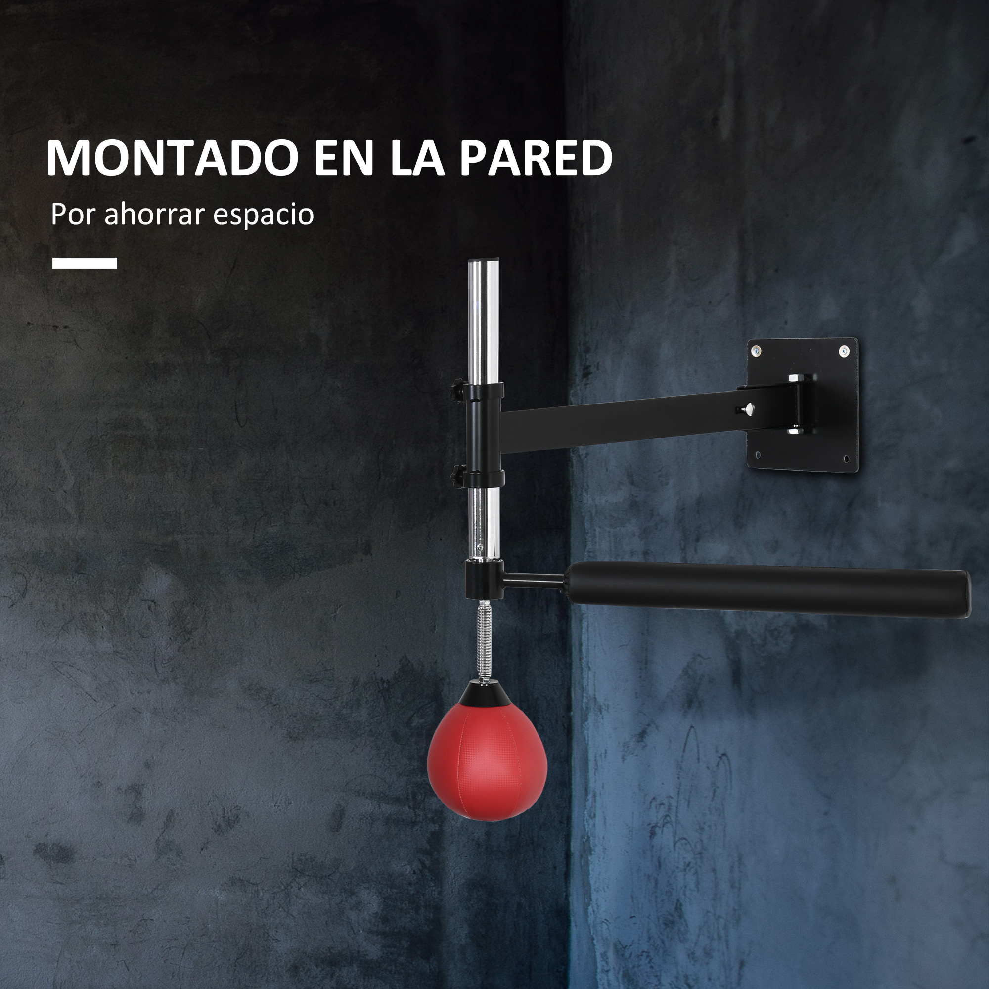 Saco de boxeo de velocidad montado en la pared. Bolsa roja con brazo negro y herrajes de montaje. Texto en español.