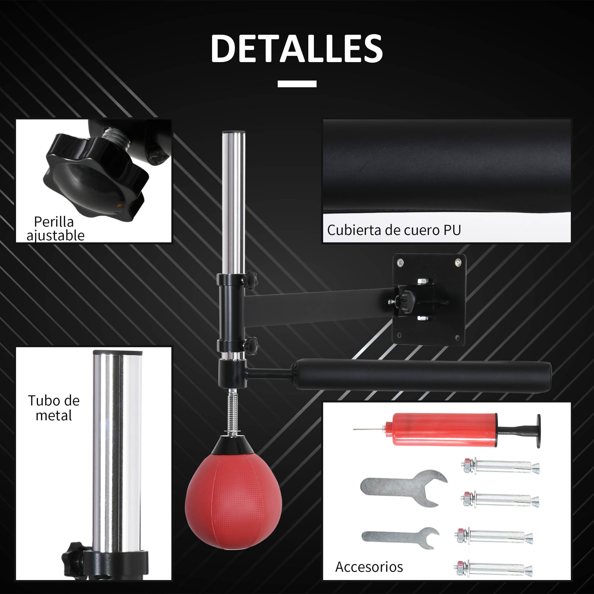 Detalles de la bolsa de boxeo, cuero PU negro, tubo metálico, accesorios.