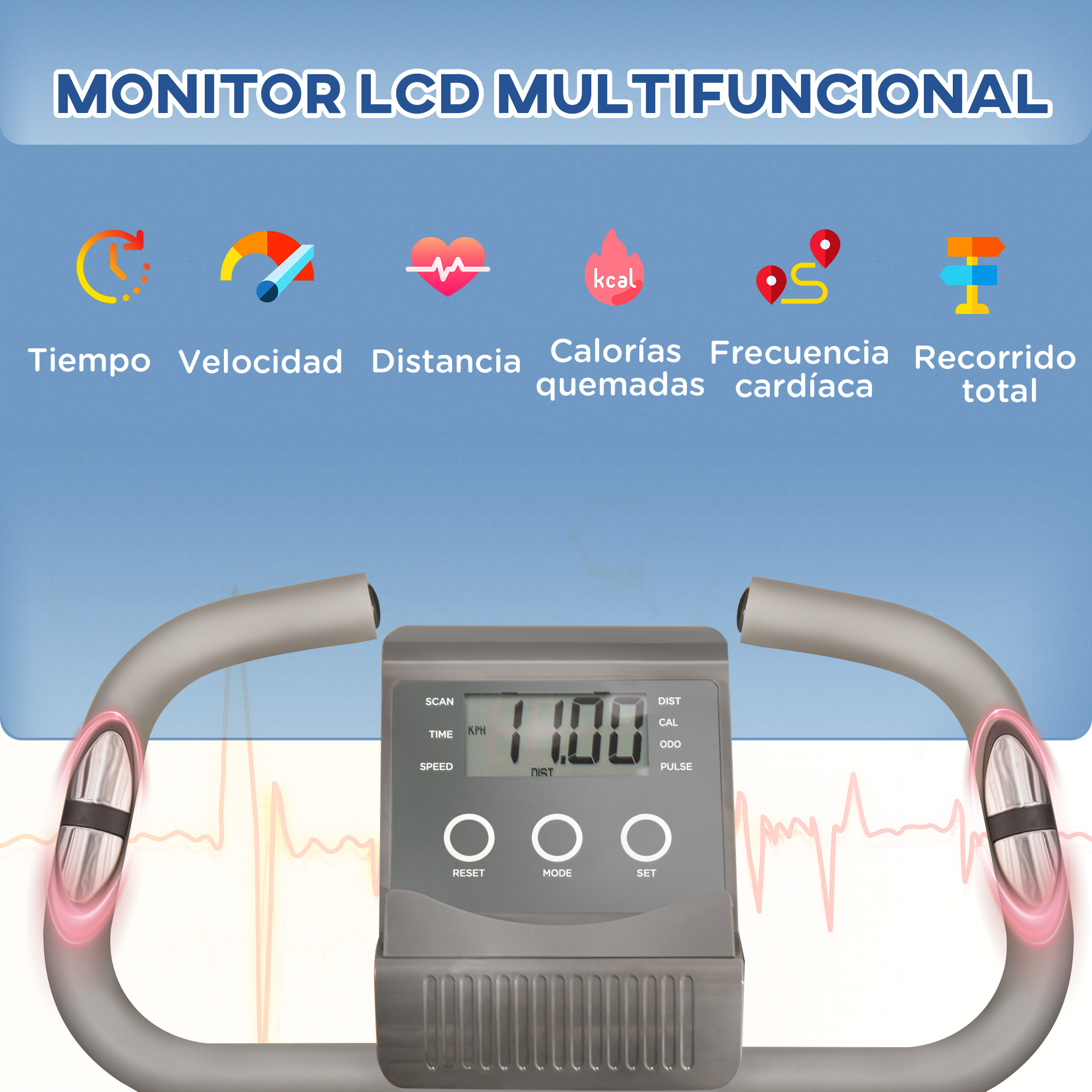 Monitor de bicicleta estática con iconos: tiempo, velocidad, distancia, calorías, ritmo cardíaco.