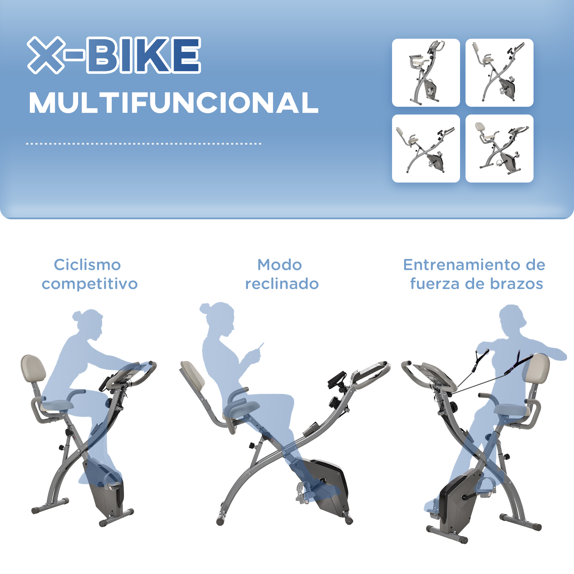 Bicicleta de ejercicio multifuncional X-BIKE. Muestra ciclismo competitivo, modo reclinado y entrenamiento de brazos.