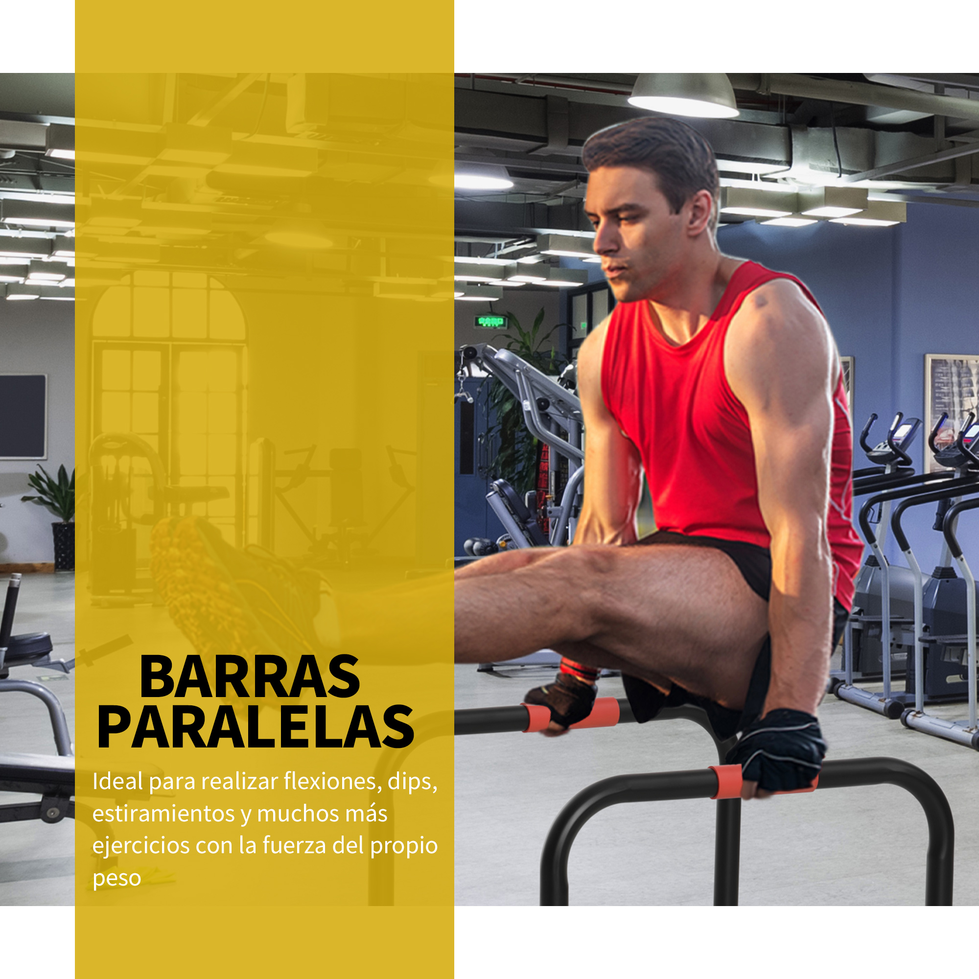 Hombre haciendo ejercicio en barras paralelas en gimnasio. Texto amarillo: Barras paralelas.