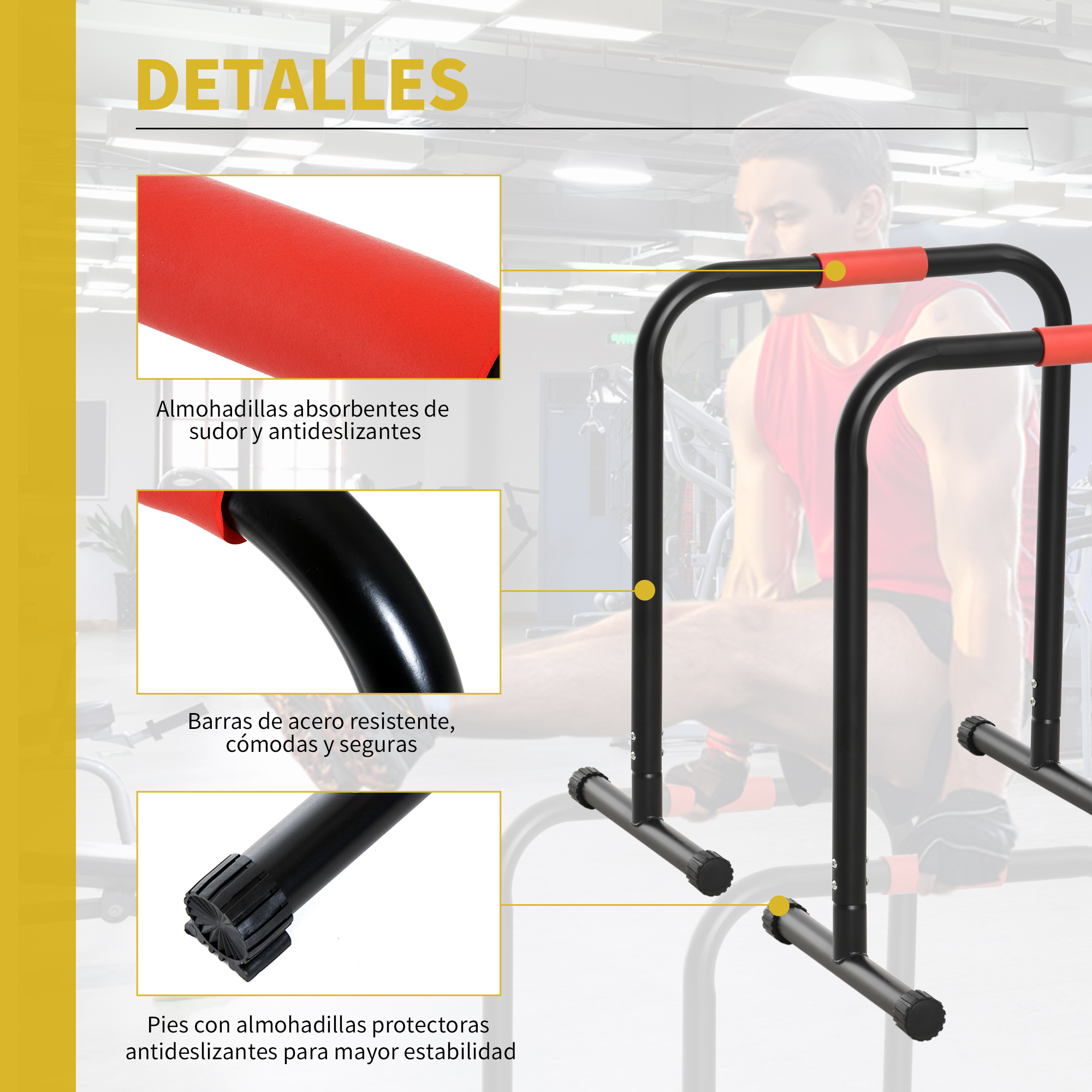 Equipamiento de gimnasio, primer plano de las barras y almohadillas. El texto dice: Detalles.