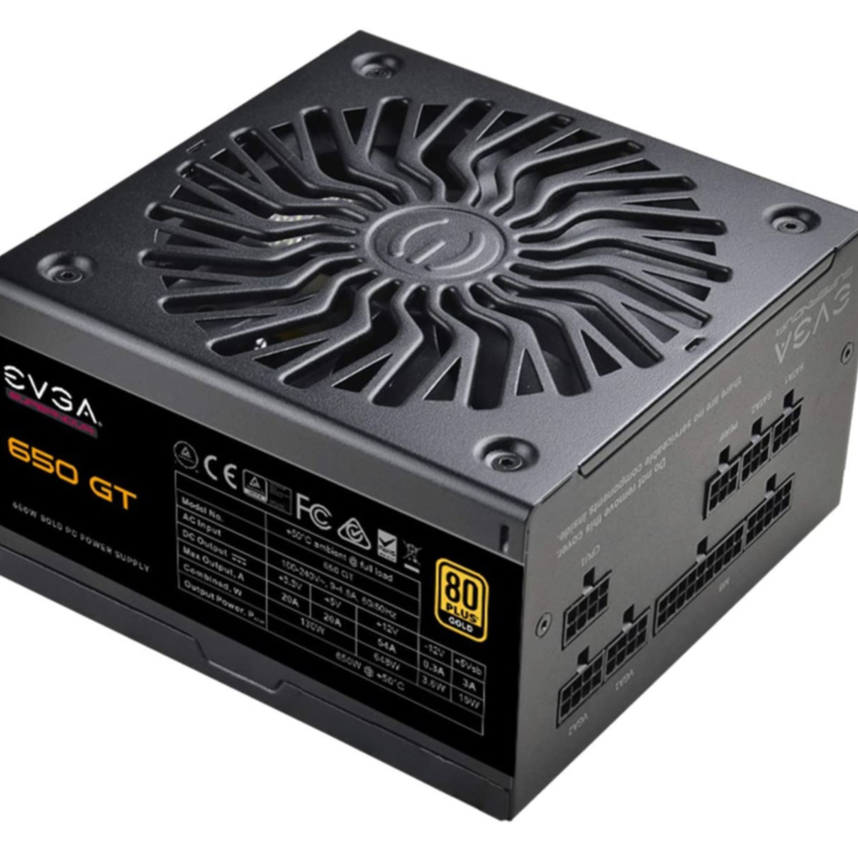Alimentatore EVGA 650 GT nero. Molteplici connettori sul lato destro. Ventola di raffreddamento sopra.