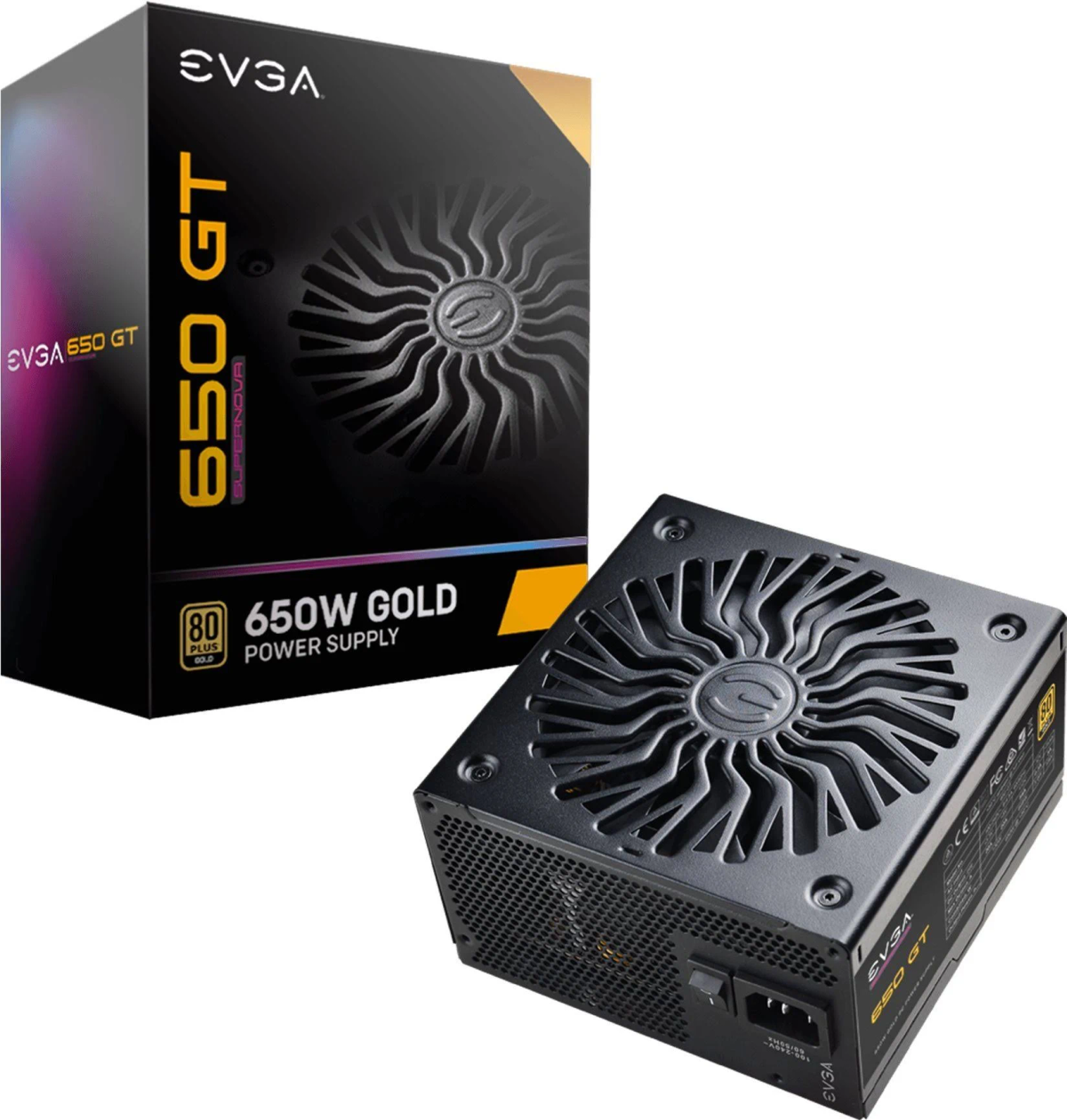 Alimentatore e scatola EVGA neri. La scatola è nera e oro. L'alimentatore ha una ventola.
