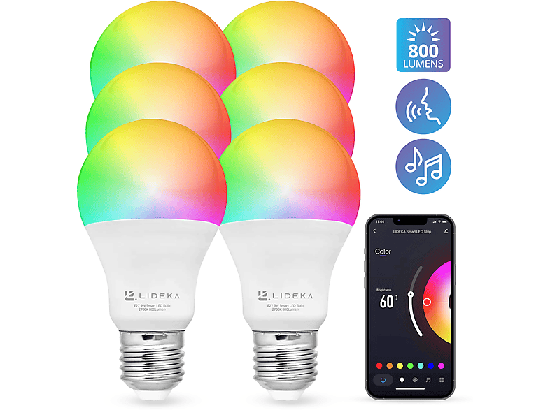 Lampe 9W E27 LED LIDEKA WiFi LED-Leuchtmittel 6er-pack Watt 5 Smart Dimmbare E27 Multicolors