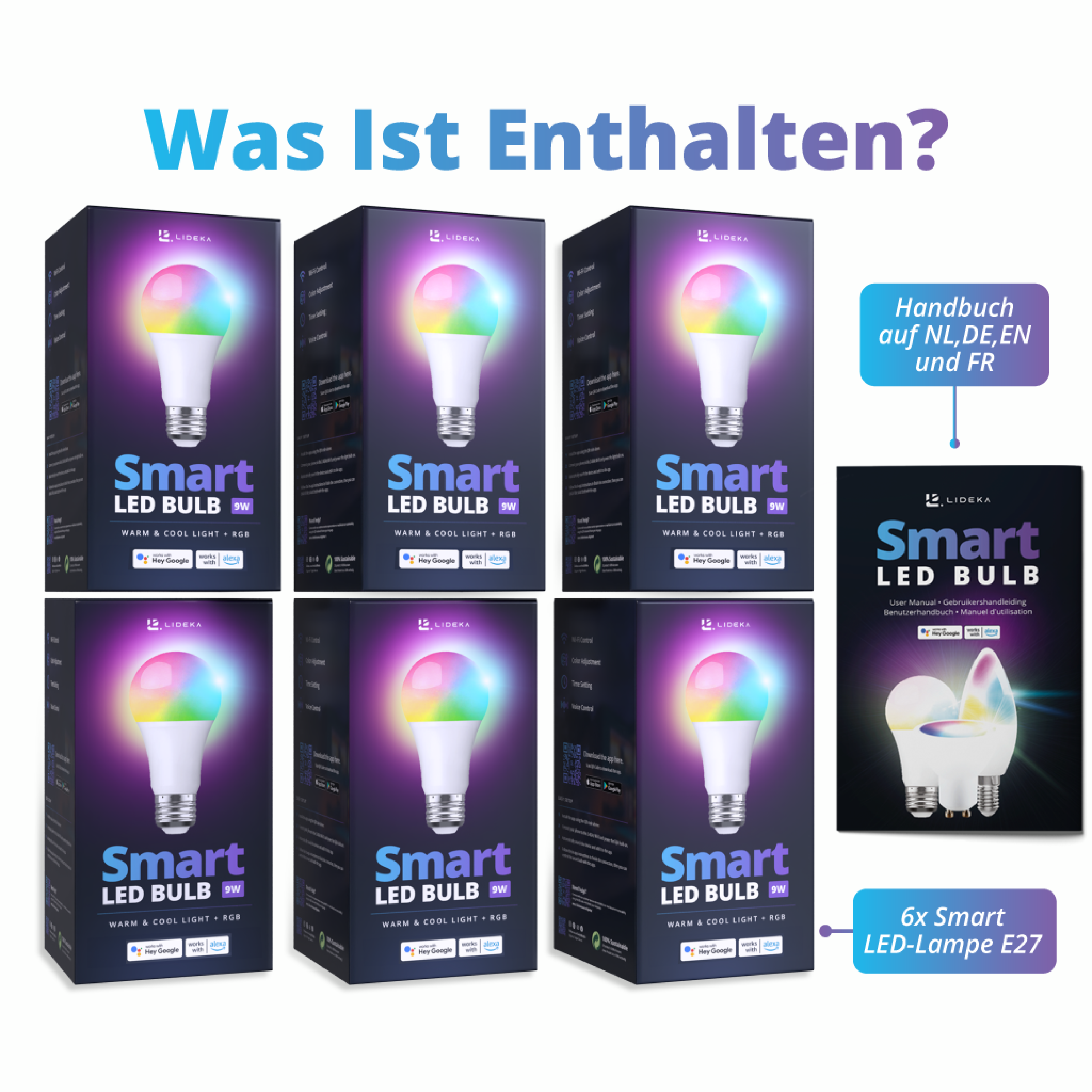 Dimmbare WiFi 5 E27 6er-pack E27 LED LED-Leuchtmittel LIDEKA Lampe 9W Watt Smart Multicolors