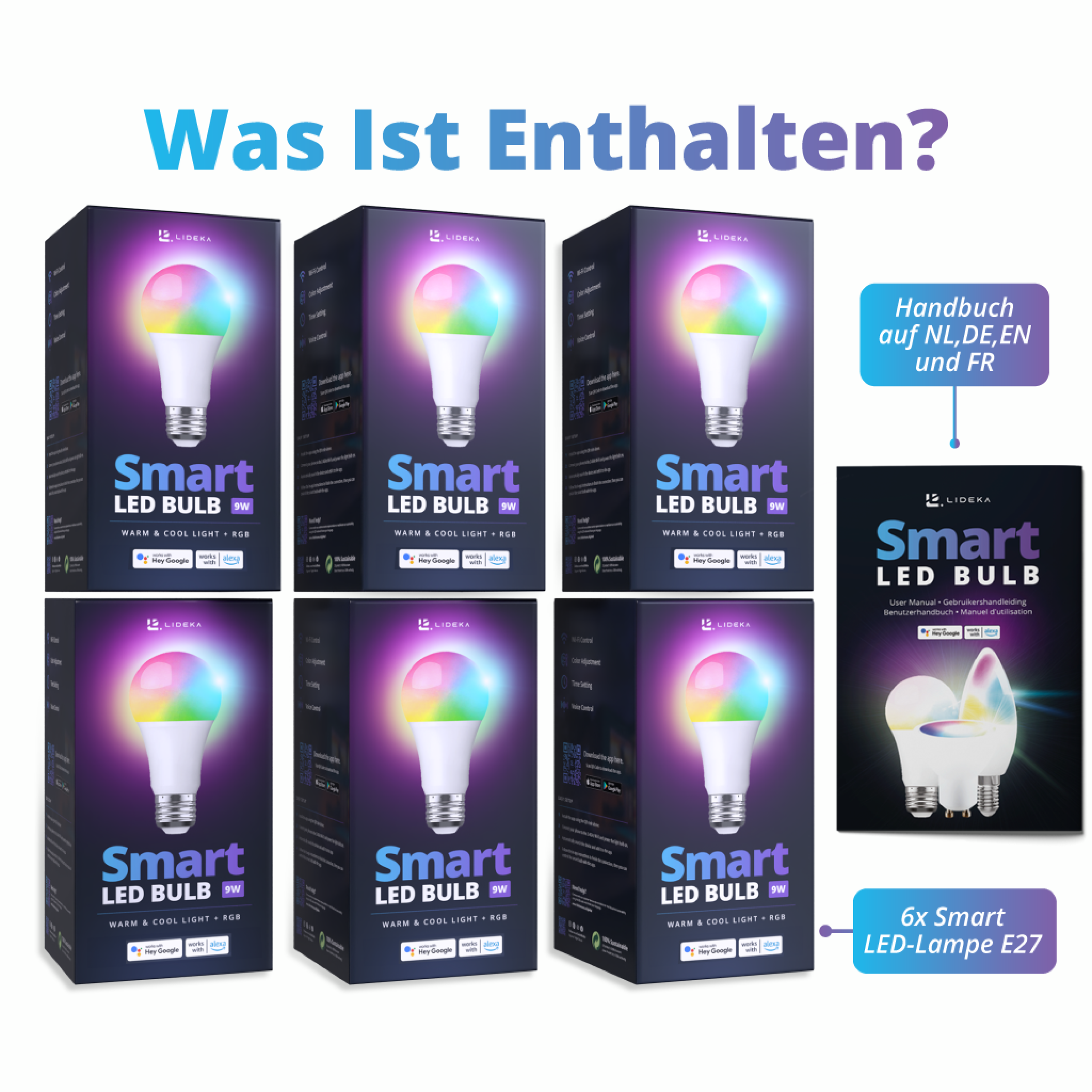 LIDEKA E27 Smart 9W Dimmbare E27 Watt WiFi Multicolors LED Lampe LED-Leuchtmittel 5 6er-pack