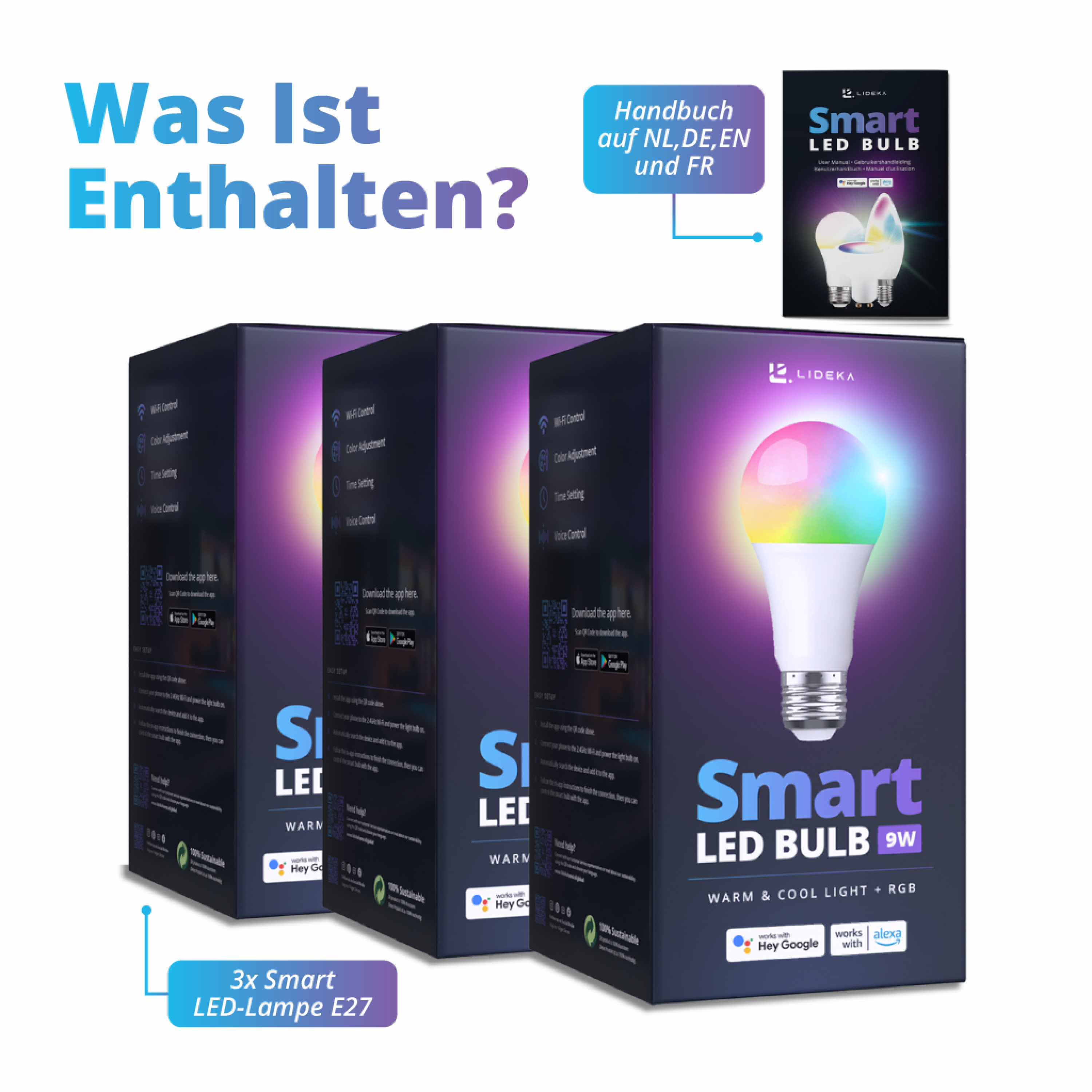 LIDEKA E27 Smart LED Lampe Dimmbare WiFi E27 3er-pack Watt 9W 5 Multicolors LED-Leuchtmittel