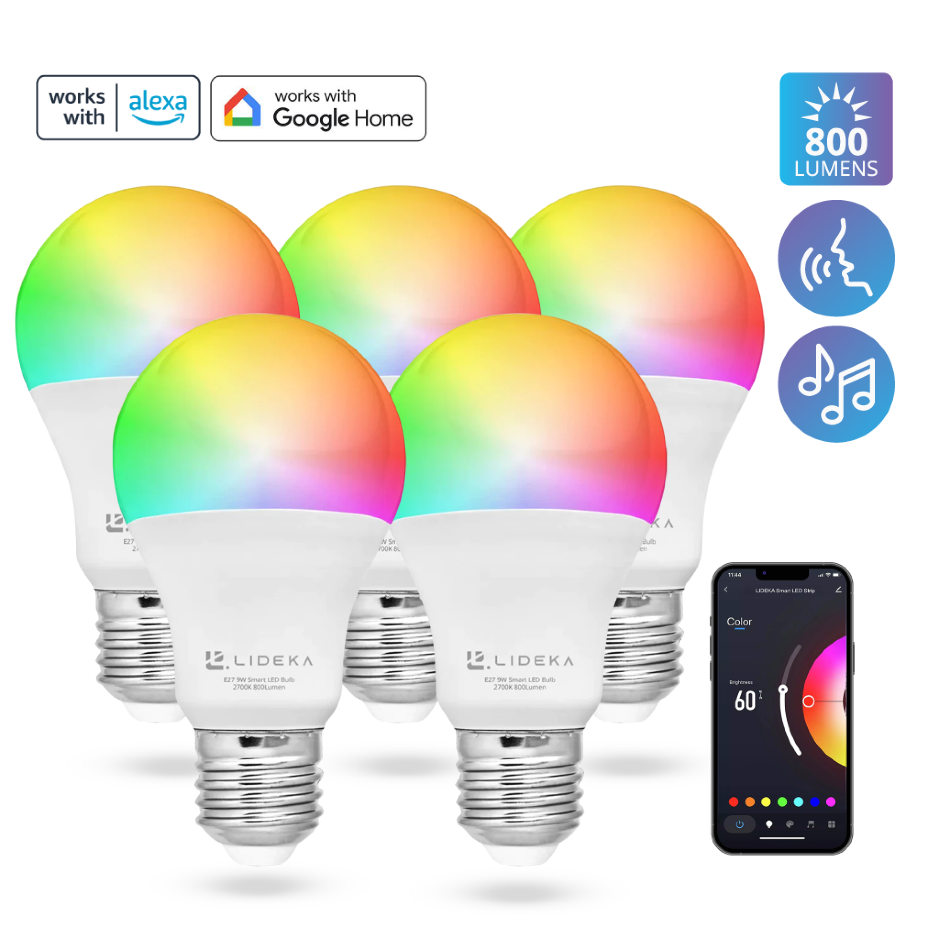 LIDEKA Smart WiFi 5er-pack LED-Leuchtmittel Watt E27 9W Lampe Dimmbare E27 5 Multicolors LED