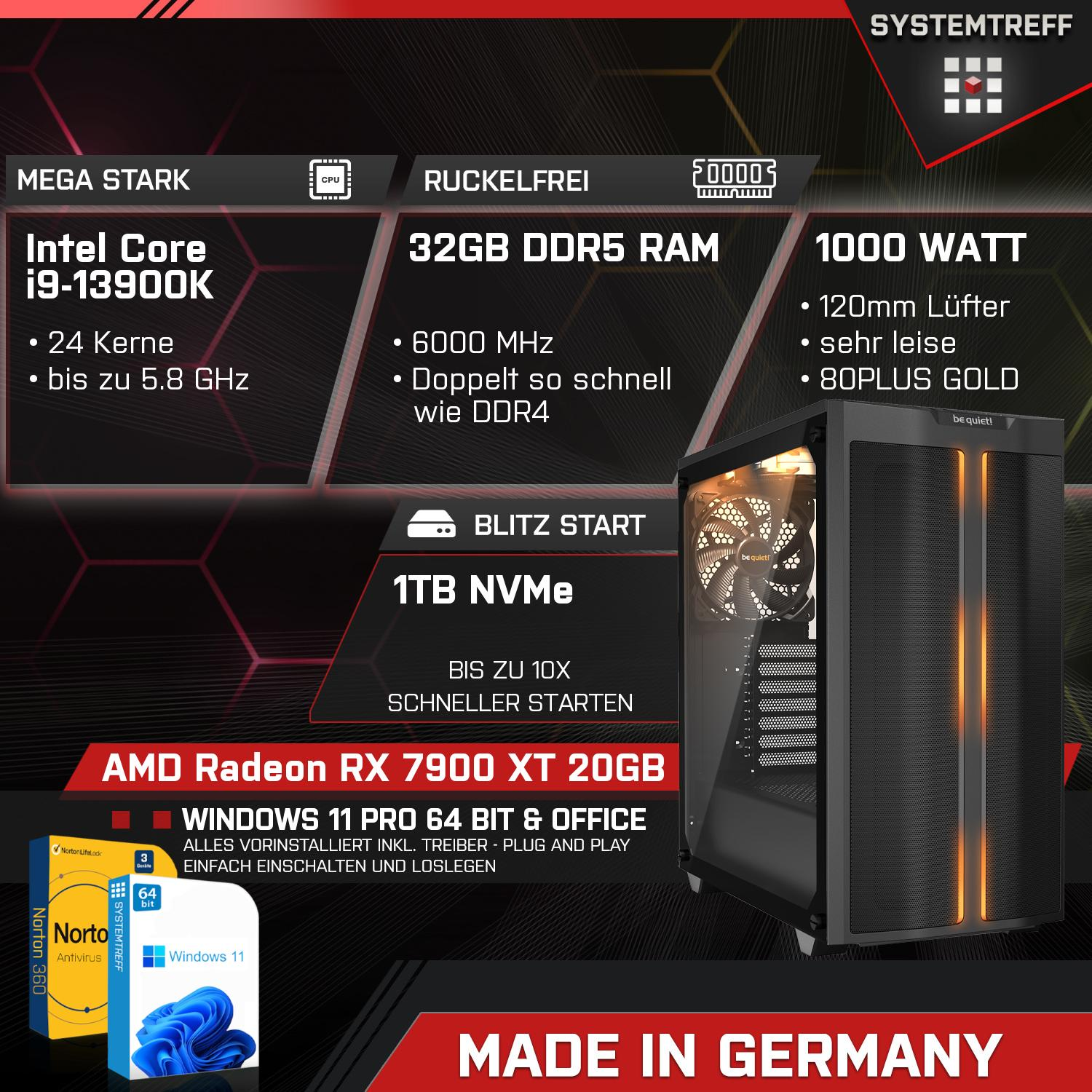 SYSTEMTREFF Gaming Komplett i9-13900K, GB mSSD, i9-13900K GB RAM, mit 20GB 7900 RX Komplett 1000 PC Intel Core Radeon AMD 32 XT GDDR6, Prozessor, GB 20