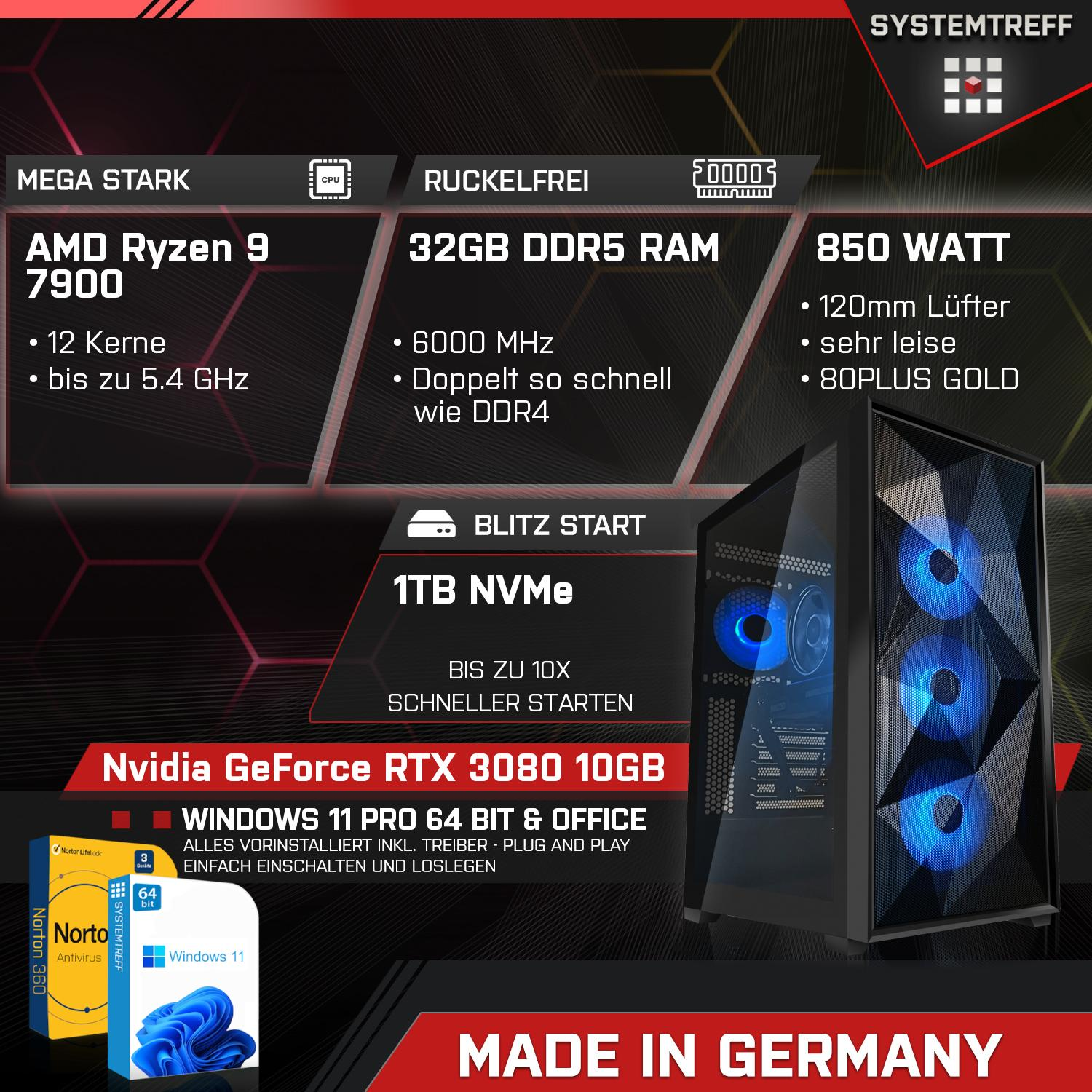 SYSTEMTREFF Gaming Komplett PC Komplett Ryzen 32 7900 GB GB Nvidia 1000 mSSD, RTX Prozessor, GDDR6X, 9 AMD 7900, GB mit GeForce 3080 RAM, 10 10GB
