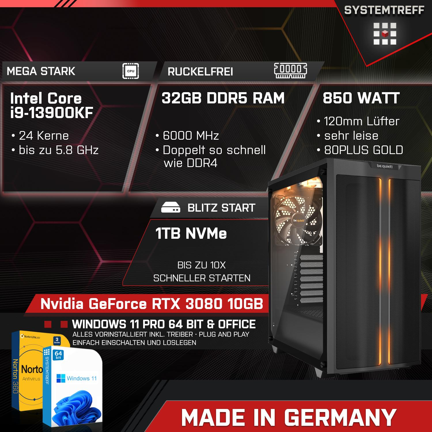 Komplett GB Komplett Gaming mit GeForce Prozessor, 32 GDDR6X, PC mSSD, 1000 10 GB GB Intel i9-13900KF, Nvidia i9-13900KF RAM, 10GB 3080 SYSTEMTREFF Core RTX