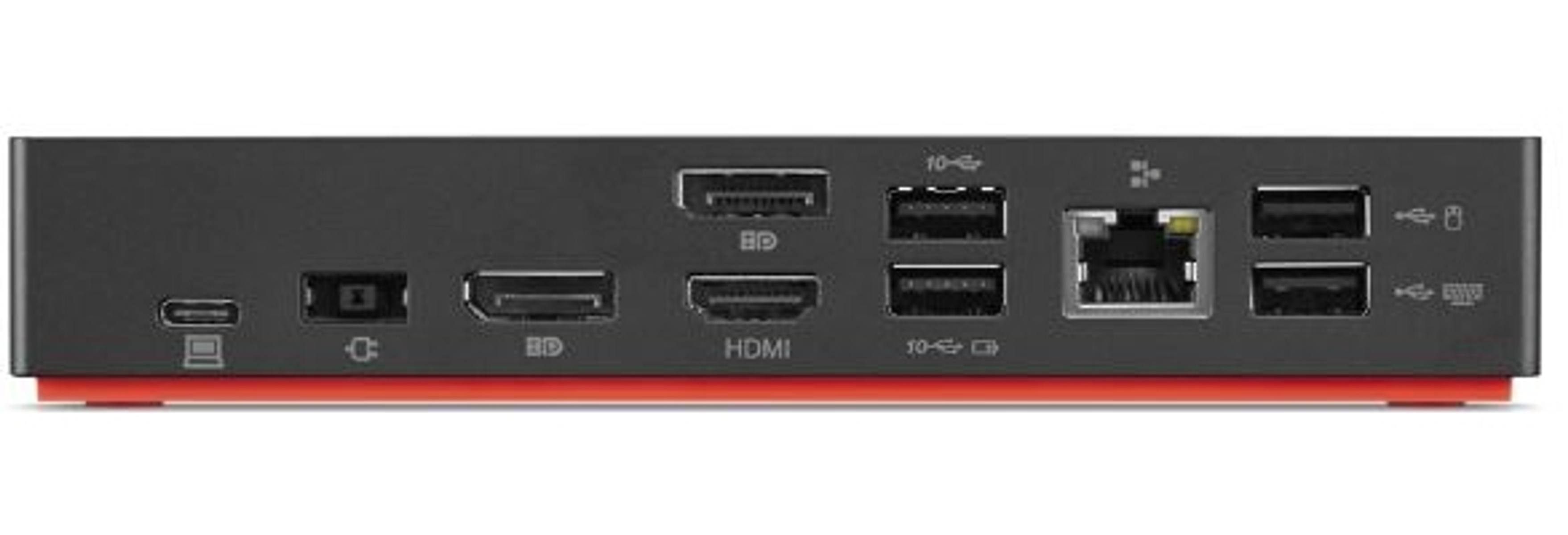 Schwarze Lenovo-Dockingstation mit mehreren Anschlüssen, einschließlich USB, HDMI und Ethernet.